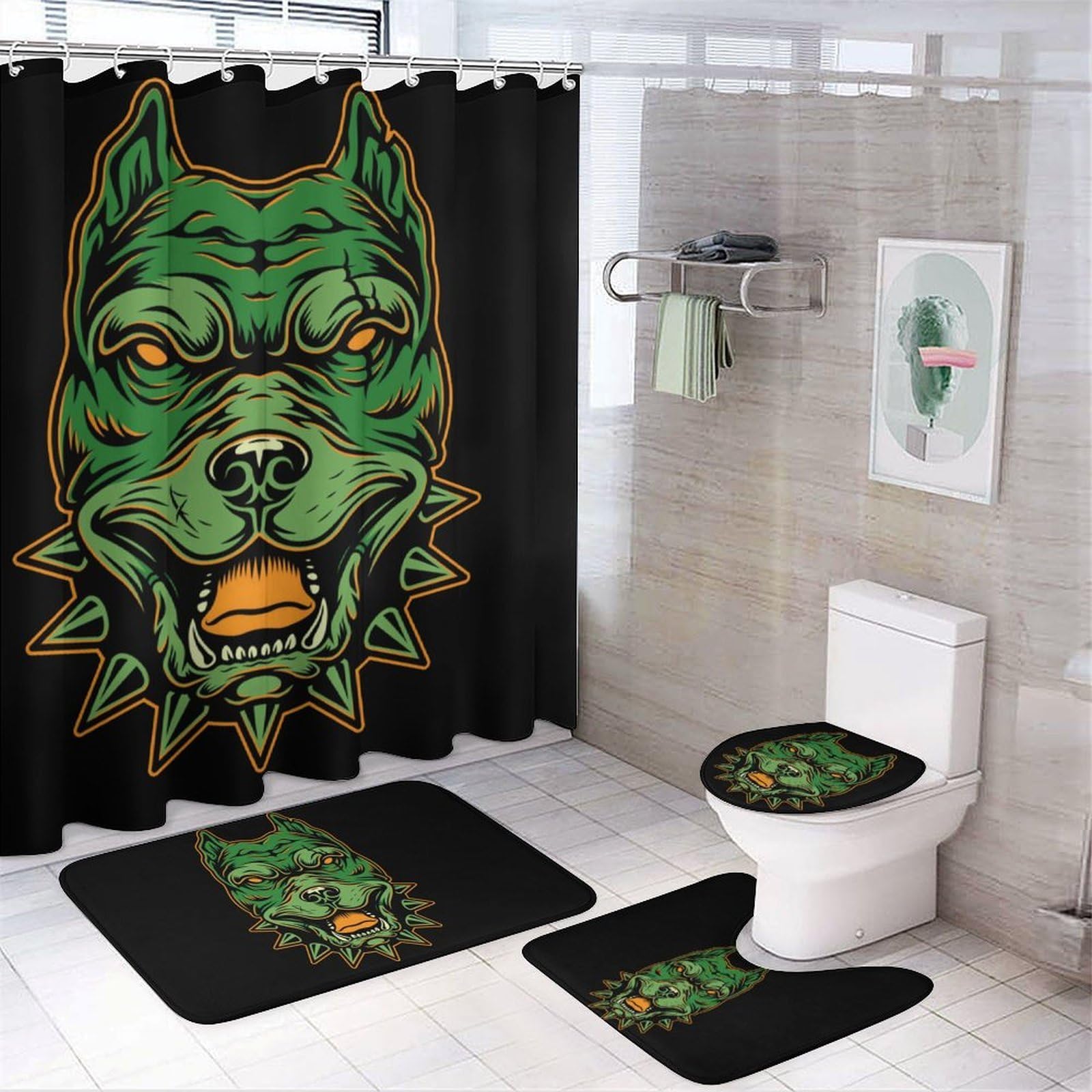 CGSBNGHA Colorful Pitbull Head Shower Curtain Set 4 Piece Bathroom Sets with Rugs Toilet Lid Cover And U-Shaped Floor Mat