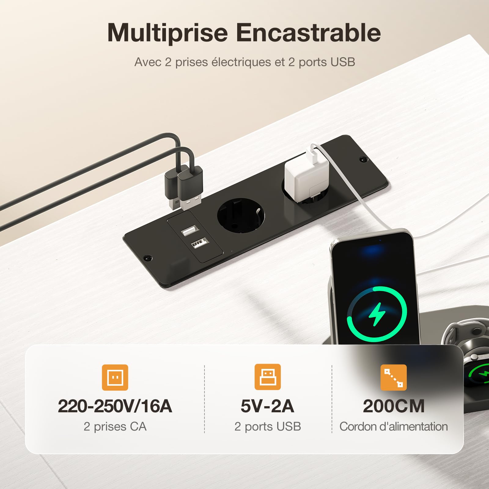 ODK Biurko z szufladami 100x48x75,5cm białe | Odwracalne biurko komputerowe z 2 gniazdami i portami USB, 3 szufladami z tkaniny do przechowywania dokumentów i akcesoriów.