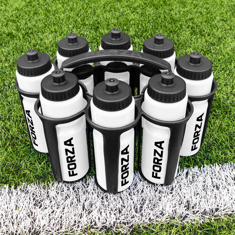 FORZA Water Bottles + Carrier Set [8x Bottles] | Hygeine [1L] or Sports Bottle [750ml] with Stackable Carrier for Football, Rugby, Training, Gym & Teams (White, Sports Bottles)
