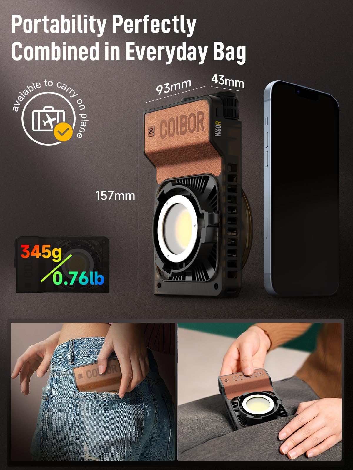 COLBOR Wonder W60R 60W RGB Luce Video Portatile 345g Illuminazione Continua Controllo APP con DC… — immagine 5 di 11
