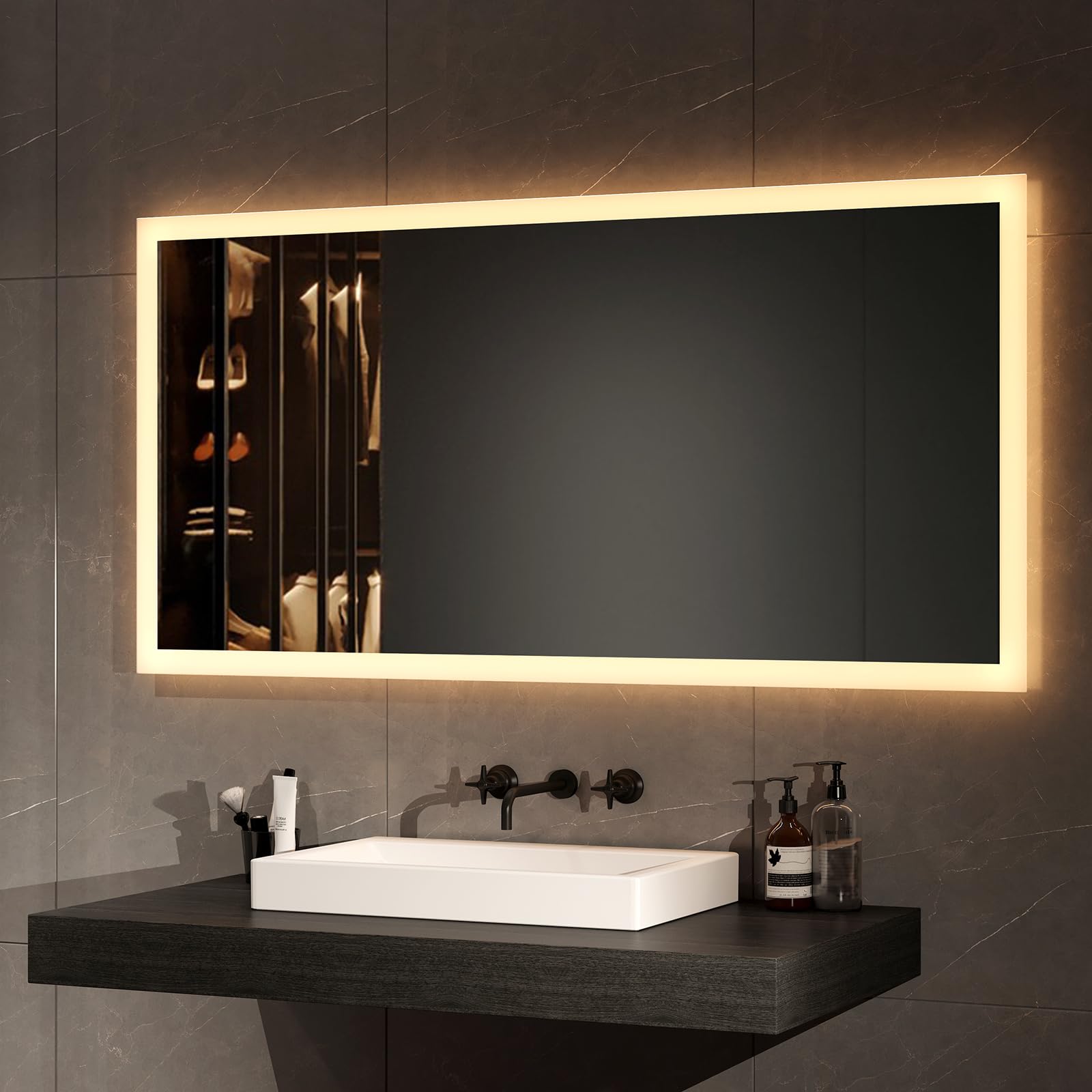 EMKE Espejo de baño LED 120 x 60 cm, Espejo de baño con luz, Interruptor mecánico y antivaho, luz Blanca de 6500k y luz cálida de 3000k