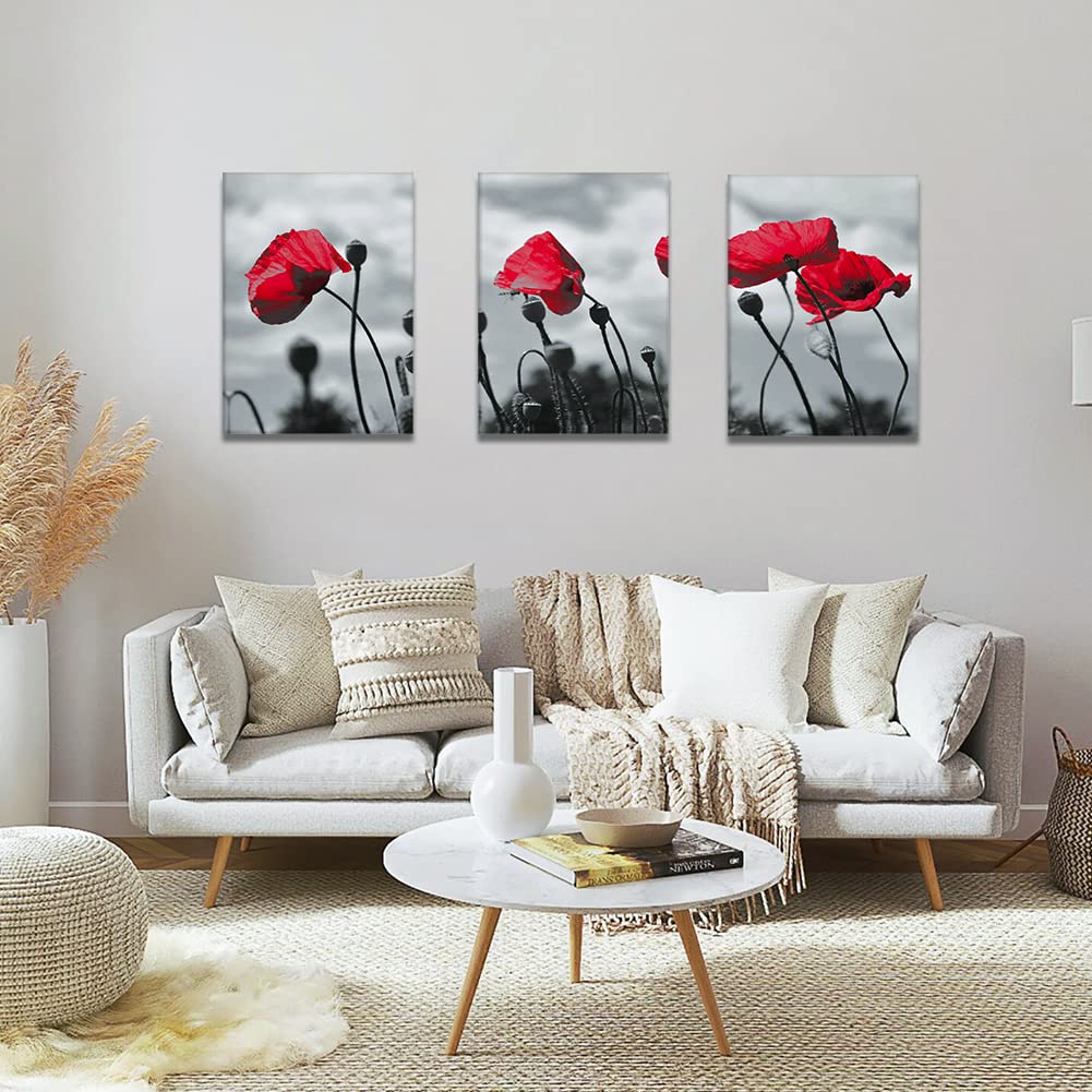 Artscope 3 Pieces Wall Art Canvas Prints, Red Flowers Picture Painting - Image 2