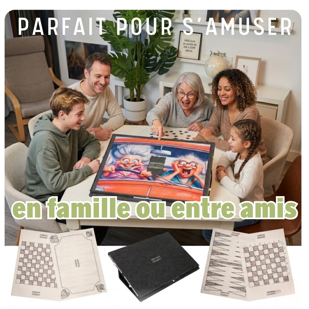 Table Puzzle avec 2 Tapis de Jeux-Échecs Dames Backgammon Cartes-Support en Feutre Inclinable avec Bordures, 6 Tiroirs de Rangement, Fermeture par Couvercle et Sangle pour Puzzle Jusqu’à 1000 Pièces