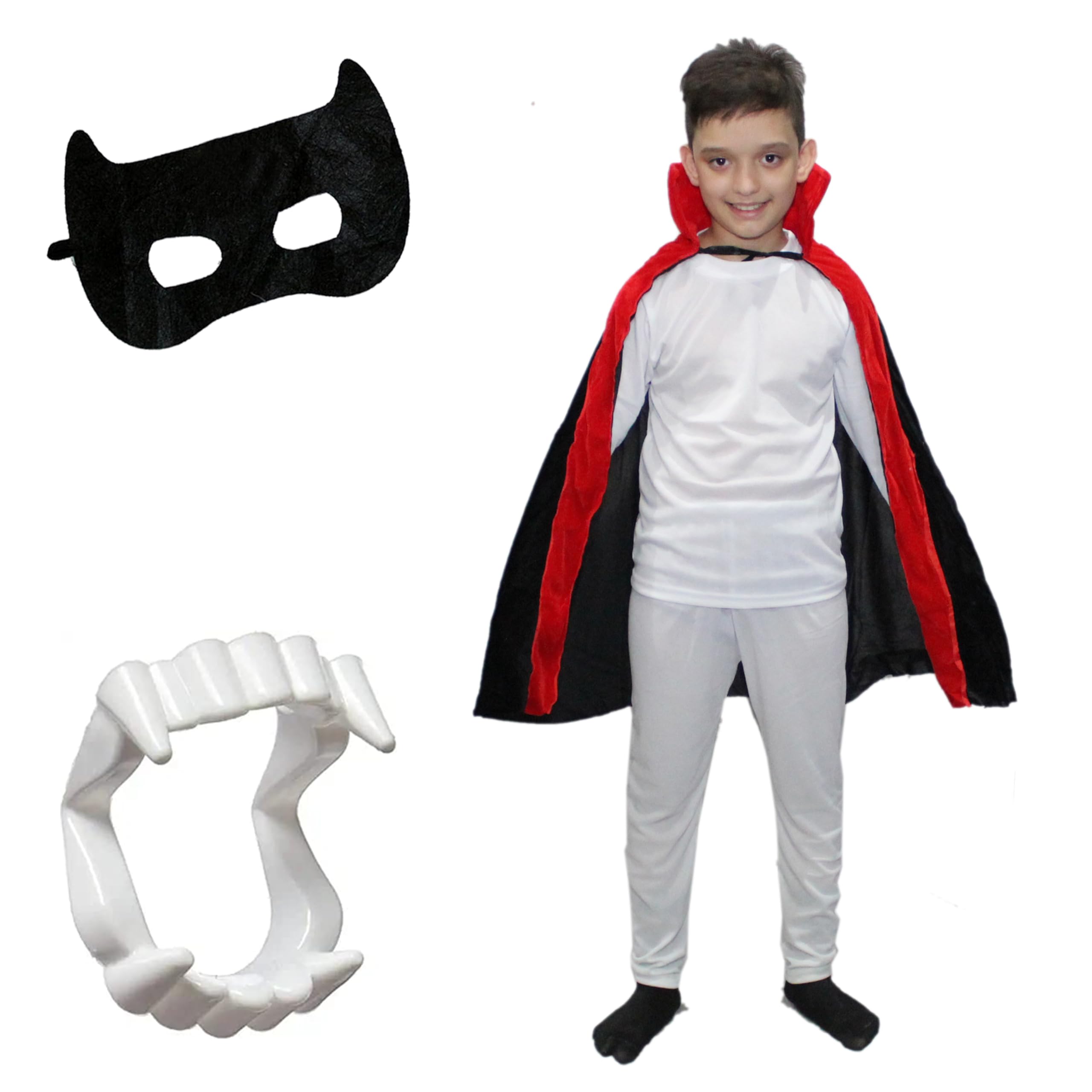 Kaku Fancy Dresses Polyester Halloween Dracula Cloak Cape Robe With Teeth & Eyepatch For Children | Horror Costume For Kids Cosplay Props Kids Scary Party Supplies - 5-6 Years, Multicolor