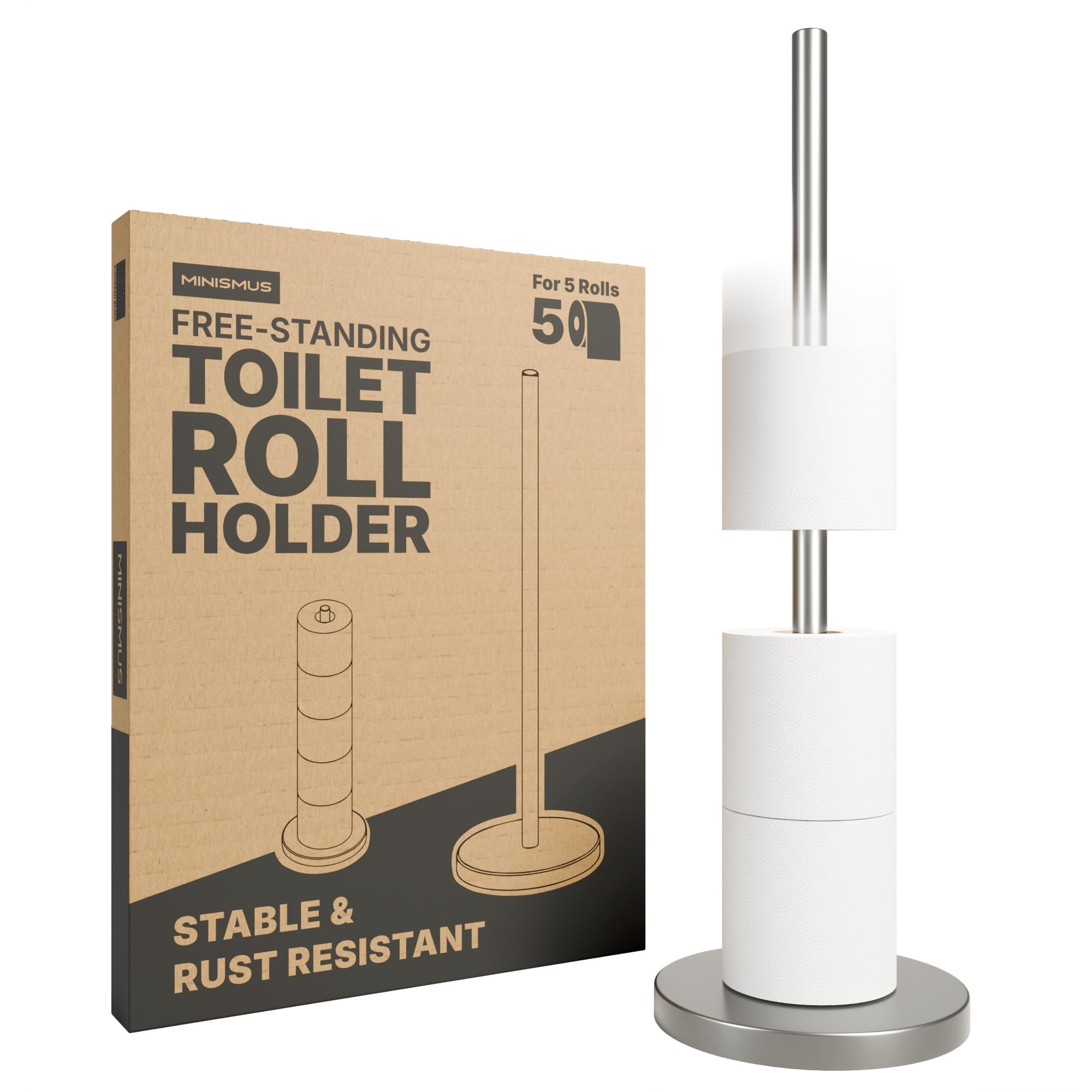 Minismus Standing Toilet Roll Holder with Weighted Base for Tilt-Proof Stand, Stainless Steel Toilet Paper Stand, Holds up to 5 Replacement Rolls for Convenient Access (Silver)