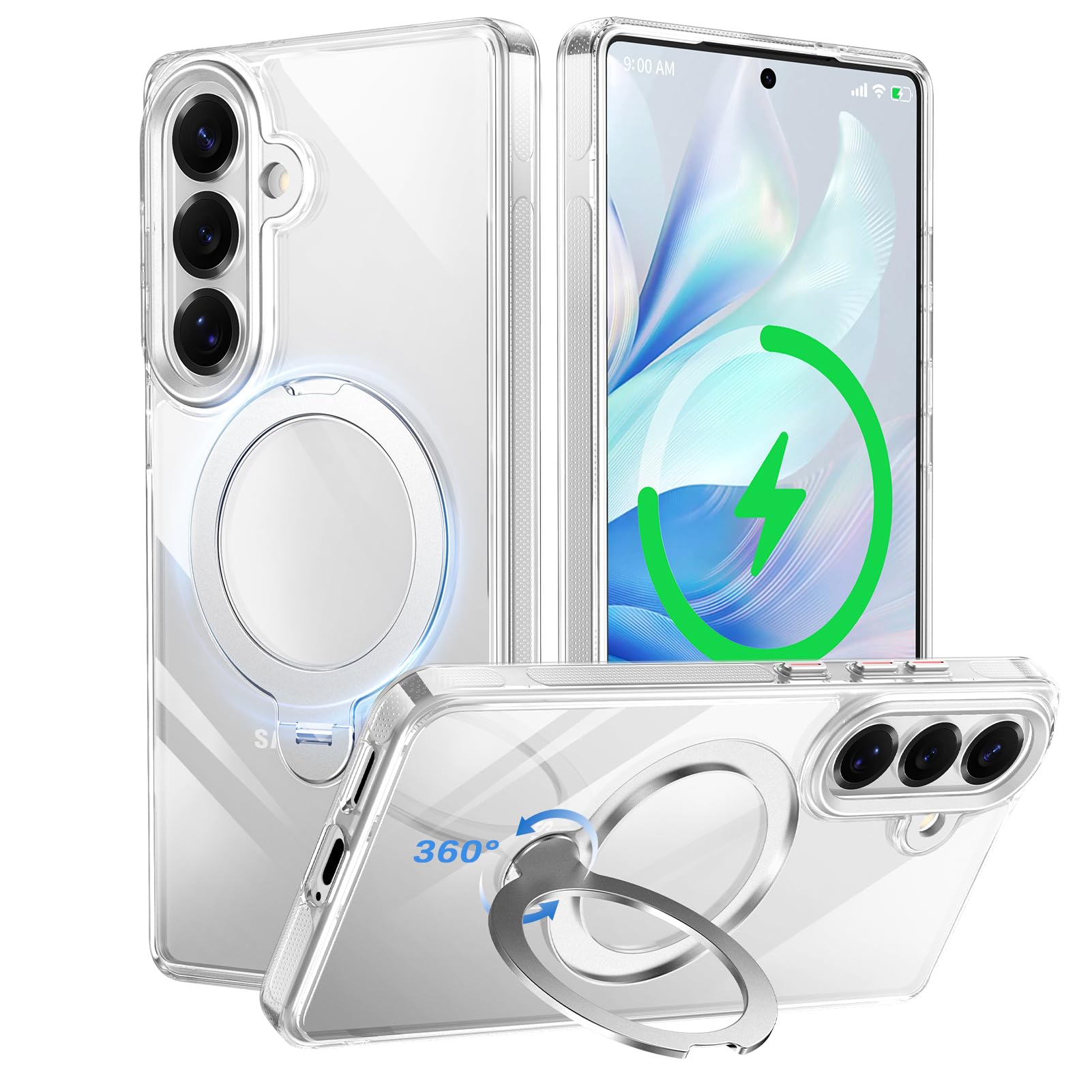 TISTUNST Galaxy S26 用 ケース MagSafe 対応 米軍MIL規格 ワイヤレス充電 リング付き 360度回転スタンド 耐衝撃 横縦両立 ギャラクシー S26 用 カバー 黄変防止 マグネット搭載 車載ホルダー ストラップホール付き おしゃれ(クリア)