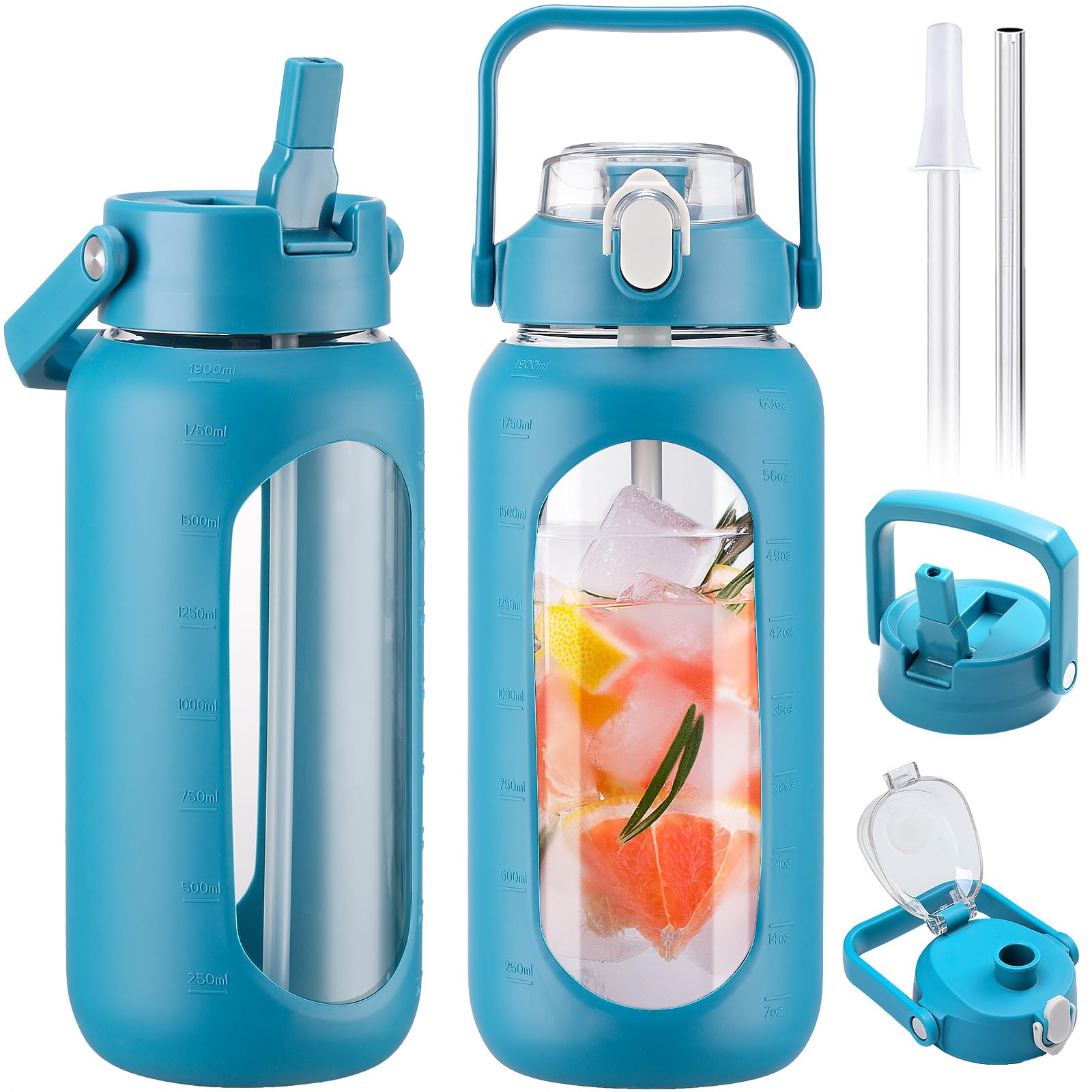 BLUEGO 2000ml Glasflasche mit 2 Deckeln Klappdeckel und Ausgießer Deckel Wasserflasche mit Strohhalm 2L große Trinkflasche mit Zeitmarkierungen für Zuhause Büro Auslaufsicher, Blau