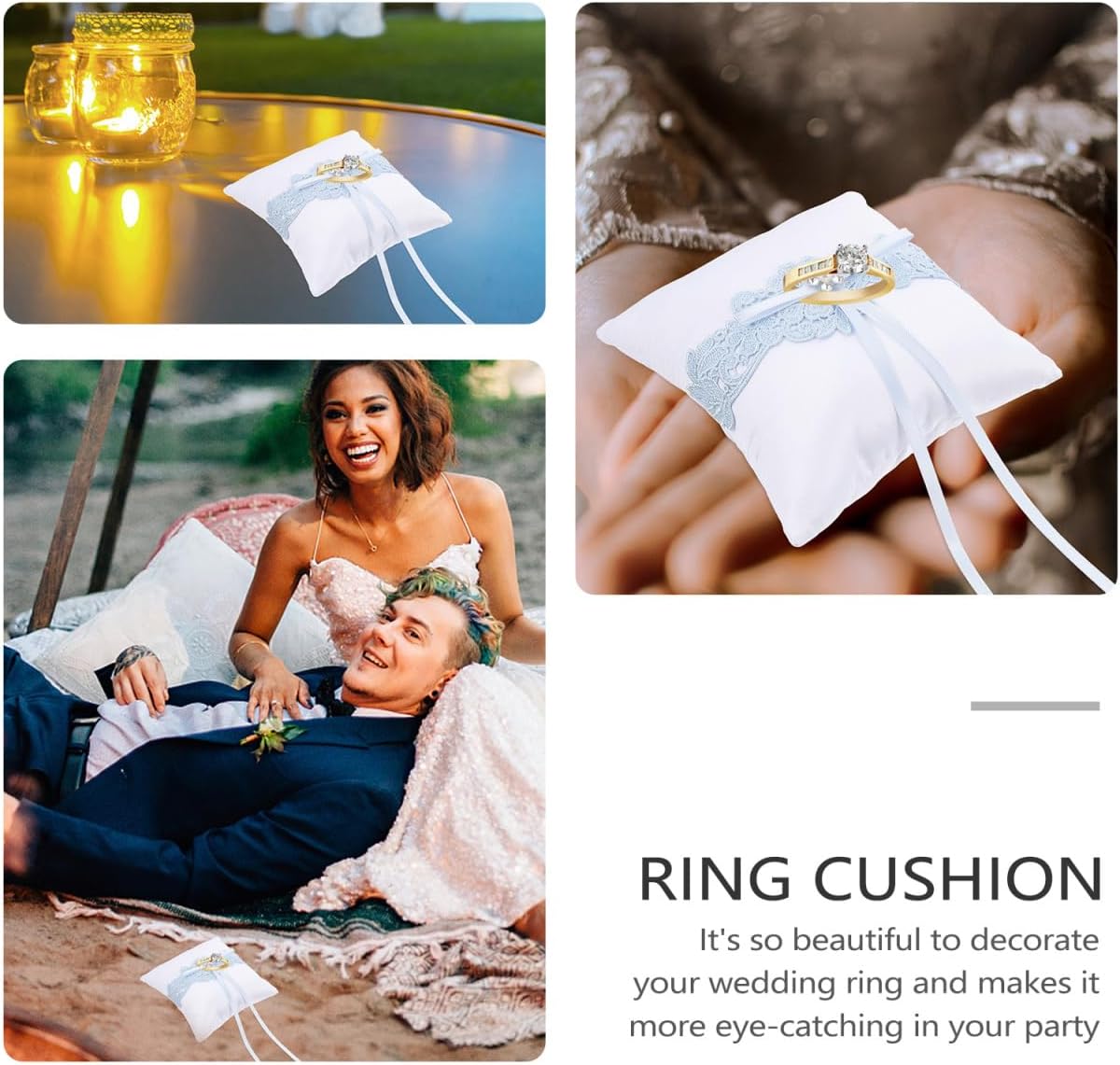 MERRYHAPY Wedding Ring Pillow with Lace Bowknot Design 5.90 Inch Lightweight Ring Bearer Cushion for Ceremony Engagement Decoration
