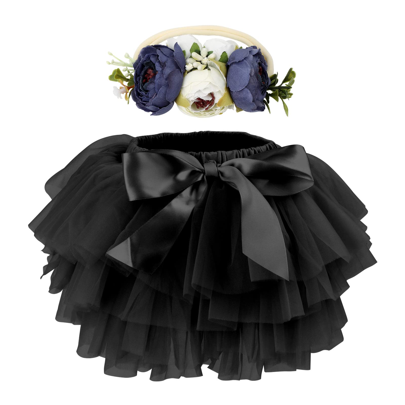 HOOLCHEAN Baby Girls Soft Tutu Skirt and Flower Headband Sets with Diaper Cover Black, 1-2T