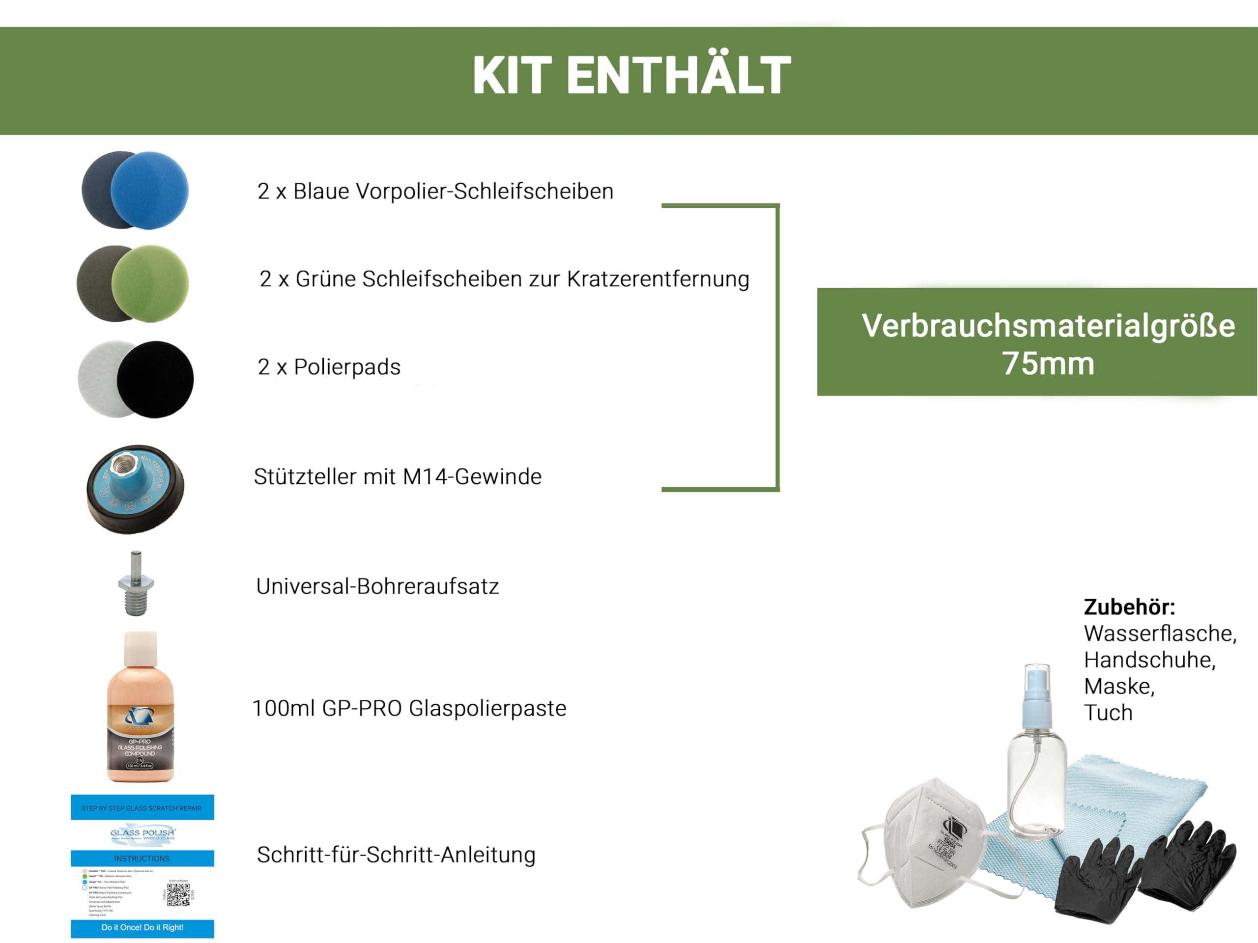 GLASS POLISH DIY 75mm Windschutzscheiben-Kratzentfernungskit für alle Autoscheiben – Entfernt tiefe Kratzer, Scheibenwischer-Schäden & Trübung – Stellt klare Sicht wieder her