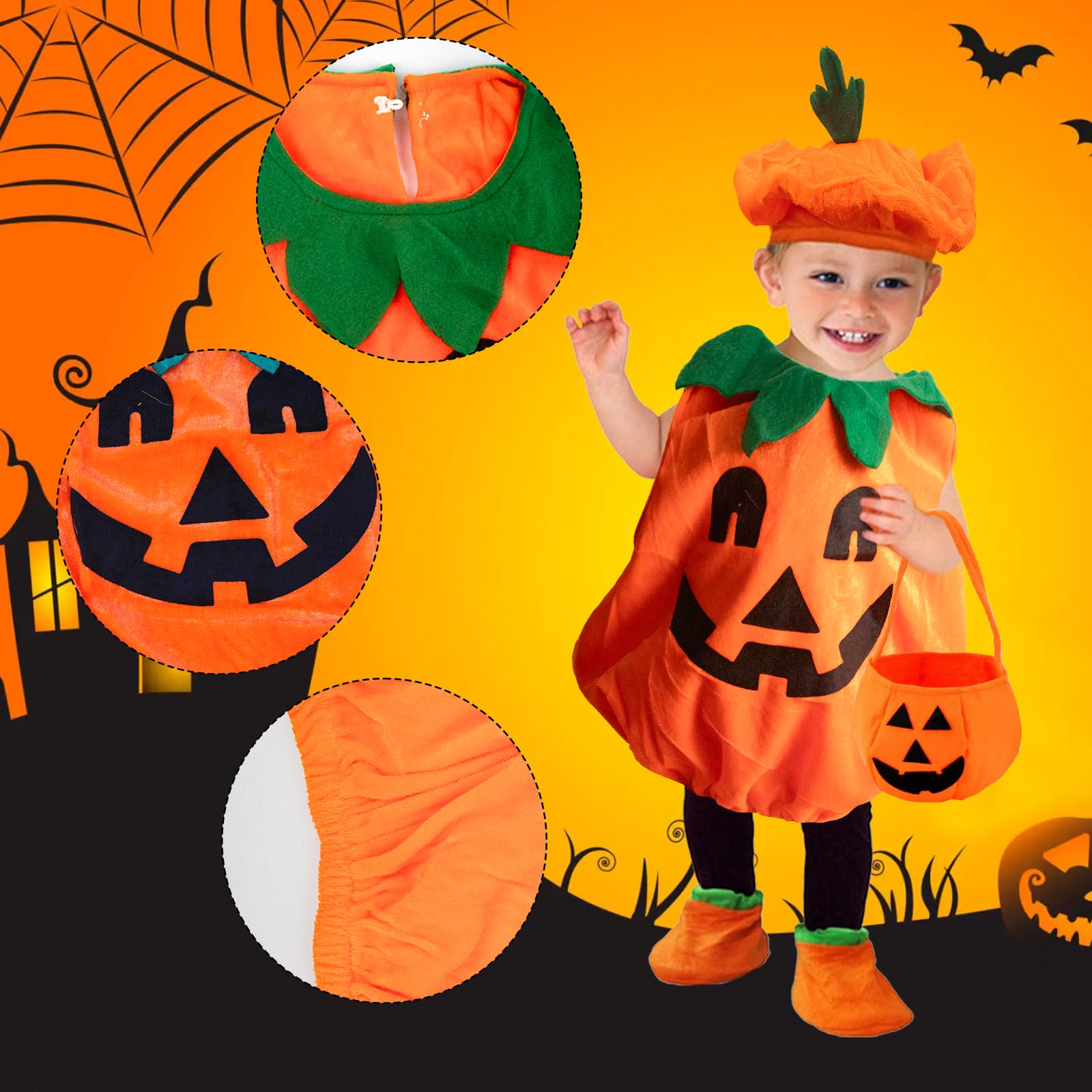 Satar Refes Halloween Pumpkin Costume for Kids Toddler Pumpkin Costume with Pumpkins Hat Candy Bag Shoes Party Fancy Dress Clothes Outfits for Baby Boys Girls Halloween Cosplay - Image 3