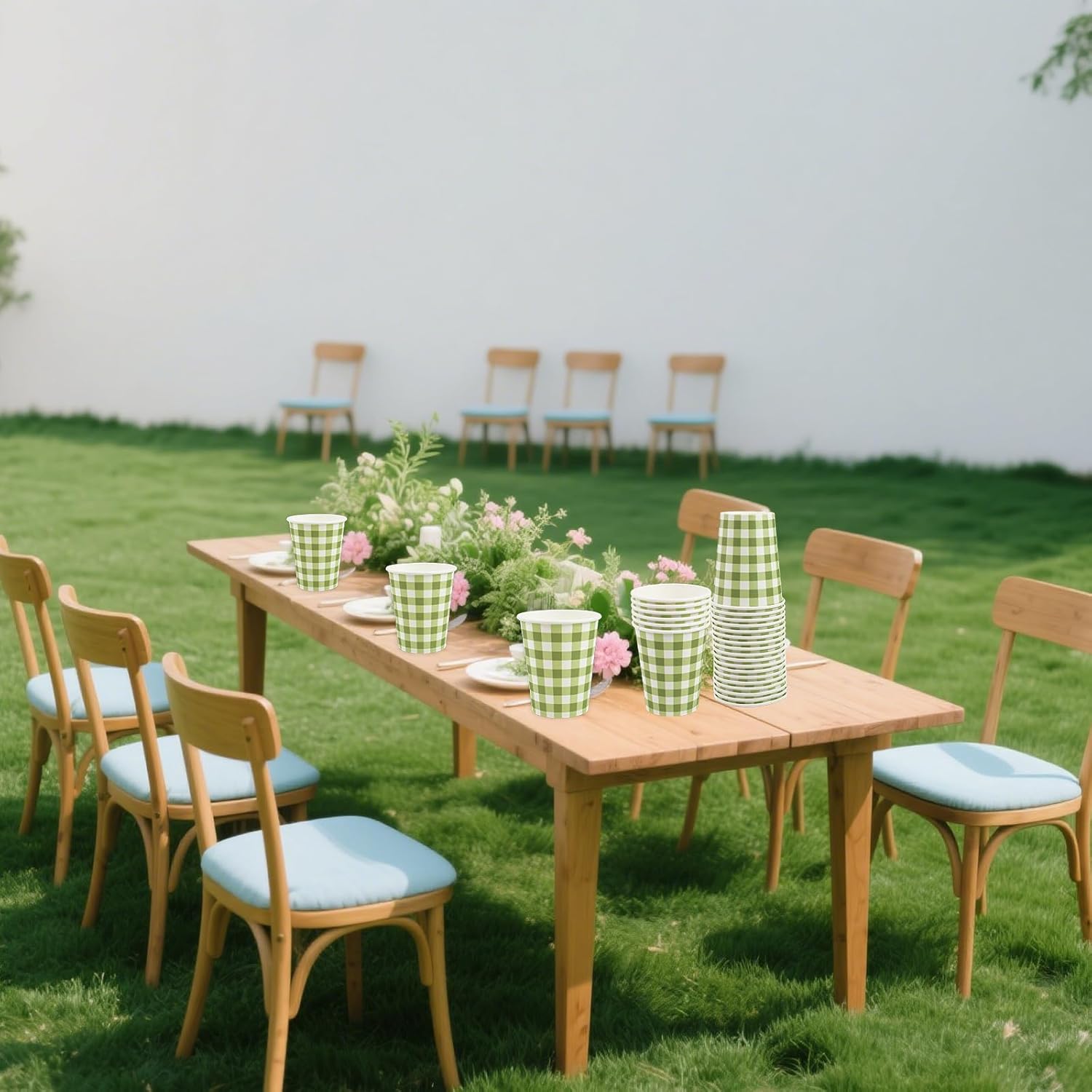 120Pcs Sage Green and White Gingham Paper Cups - 9oz Disposable Plaid Cups Checkered Drinking Cups for Birthday Baby Shower Fiesta Picnic Party Supplies - Image 6