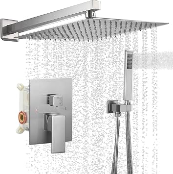 BWE 10 Inch Brushed Nickel 2-Faction Wall Mounted Bathroom Shower System | Brass and Stainless Steel,Rainfall Shower Head,Handheld Shower Head,Pressure Balance Valve,Escutcheon Plate,Hotel,Bath Center