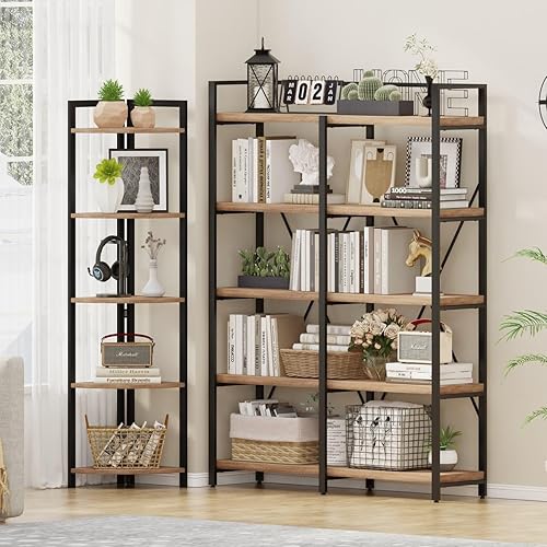 FATORRI Estantería de madera y metal y estante de esquina para el hogar (roble rústico)