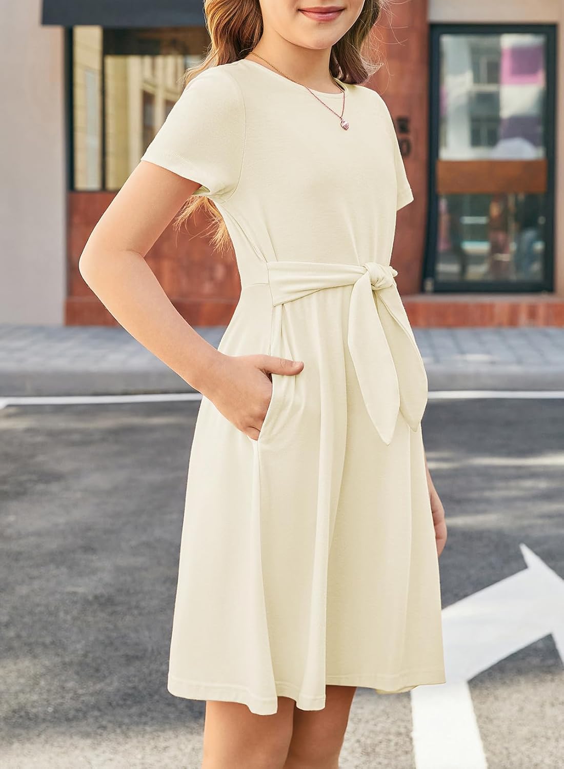 blibean Girls Summer Dress Short Sleeve Tie Knot Sun Dresses with Pockets Size 6-15 Years - Image 5