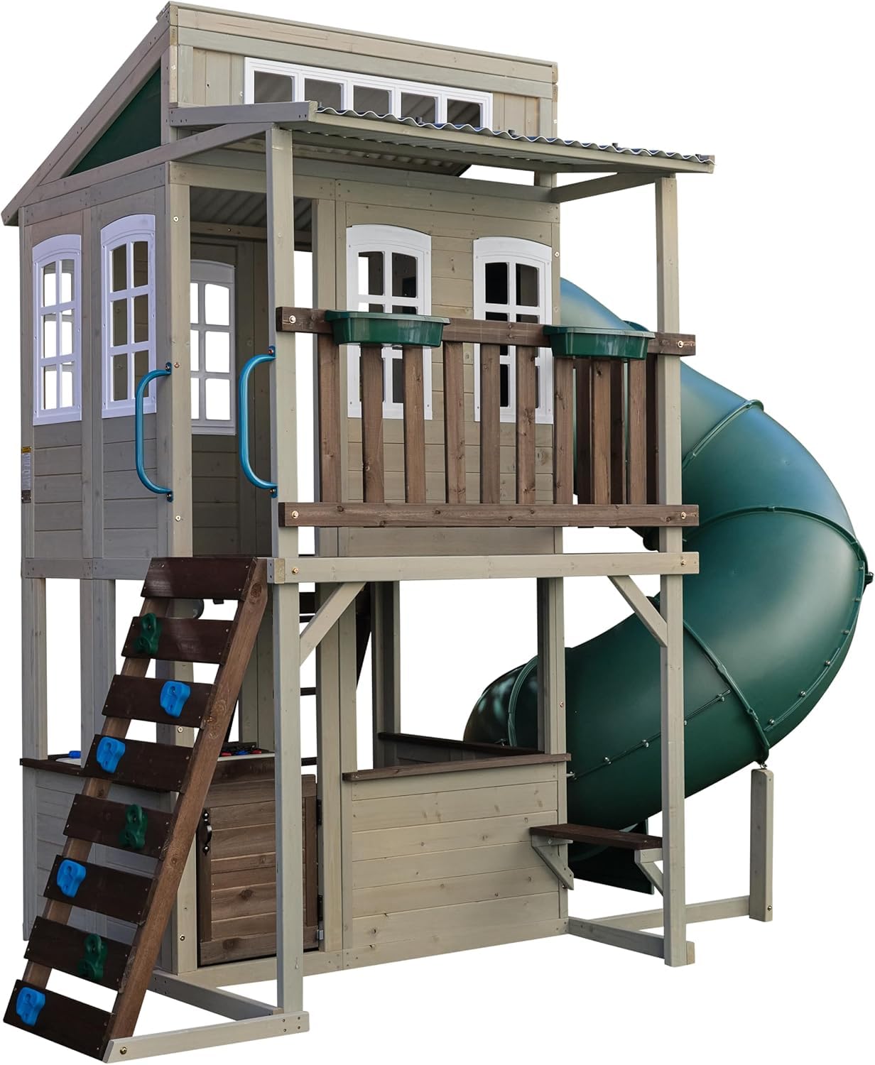 KidKraft Cozy Escape Spielturm mit Rutsche – Zweistöckiges Outdoor Klettergerüst mit Tunnelrutsche, Kletterwand & Spielküche