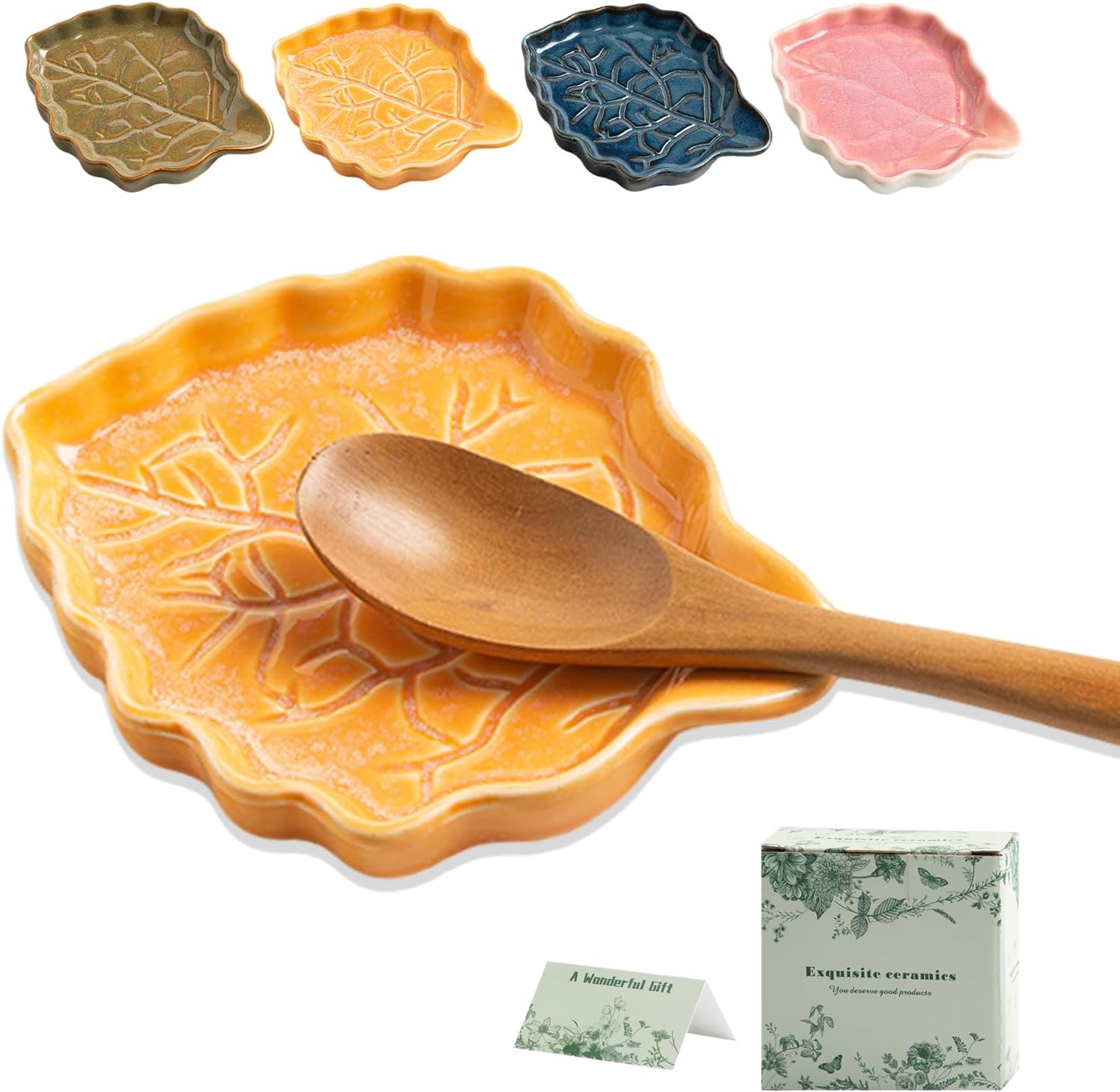 Mecaikru Ceramic Leaf Spoon Rest for Stove Top and Kitchen Counter