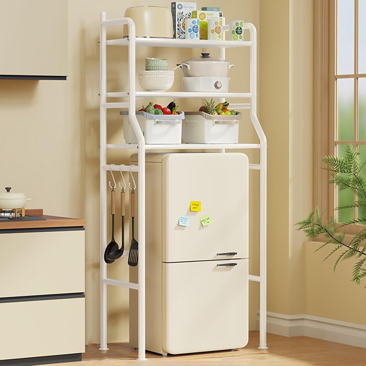 4-Tier Mini Fridge Stand with Storage, Metal Large Capacity Microwave Oven Stand with S-Hooks, Bakers Rack, Freestadning Kitchen Storage Shelf for Home Office Dorm Space Saving, Black(White)