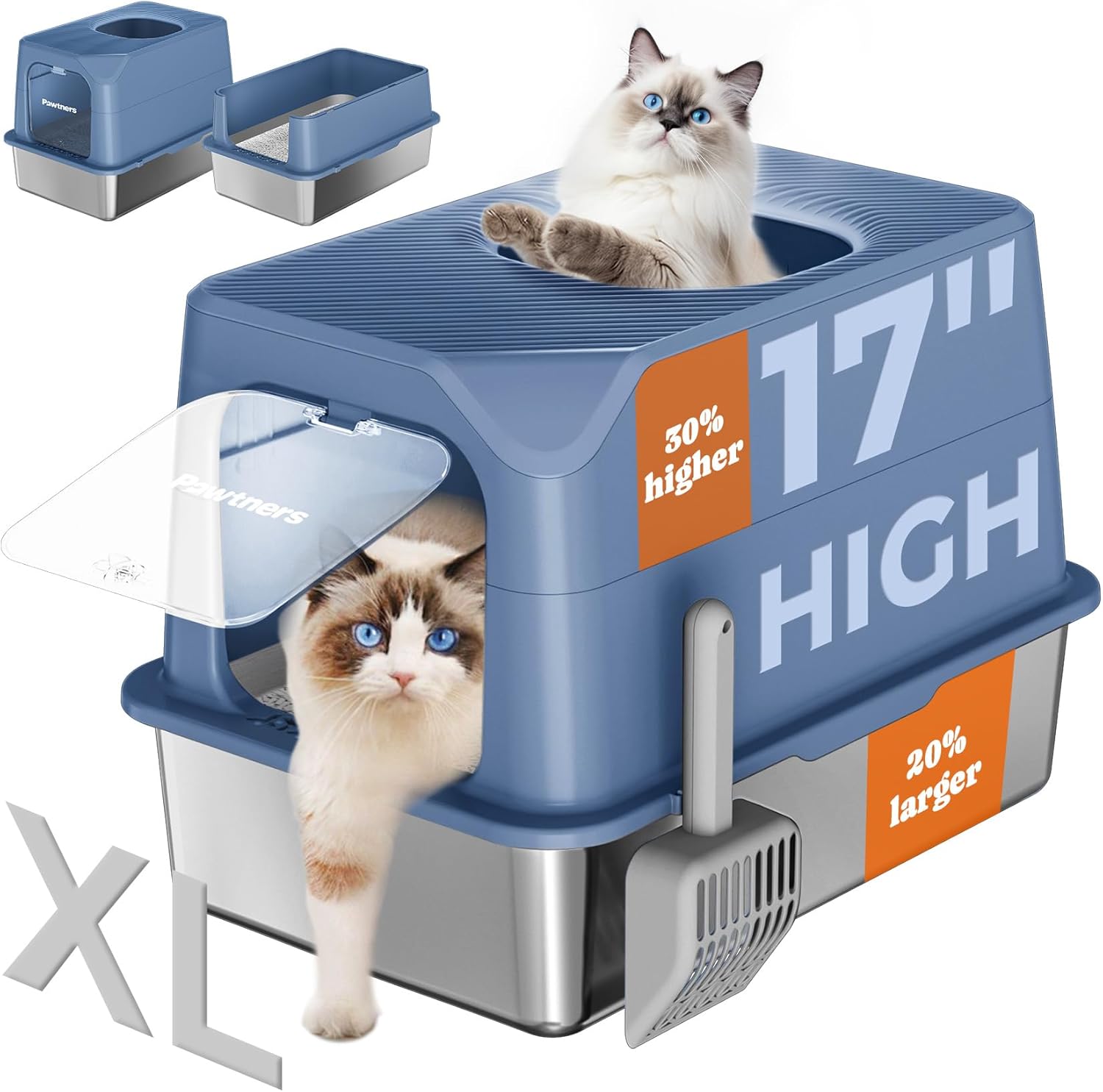 pawtners cat litter box, xl extra large stainless steel kitty litter pan, front entry top exit enclosed metal cat toilet for odor control with removable lid & scoop, anti-leakage, easy to clean, blue