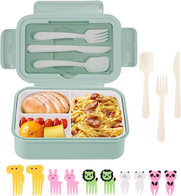 WEAFRICTCH Bento Box, Lunch Box for Adults & Kids, 1400ml Leakproof Lunchbox with 3 Compartments and Cutlery, Reusable Sandwich Box Food Container, Microwave and Dishwasher Safe (Green Lunch Box)