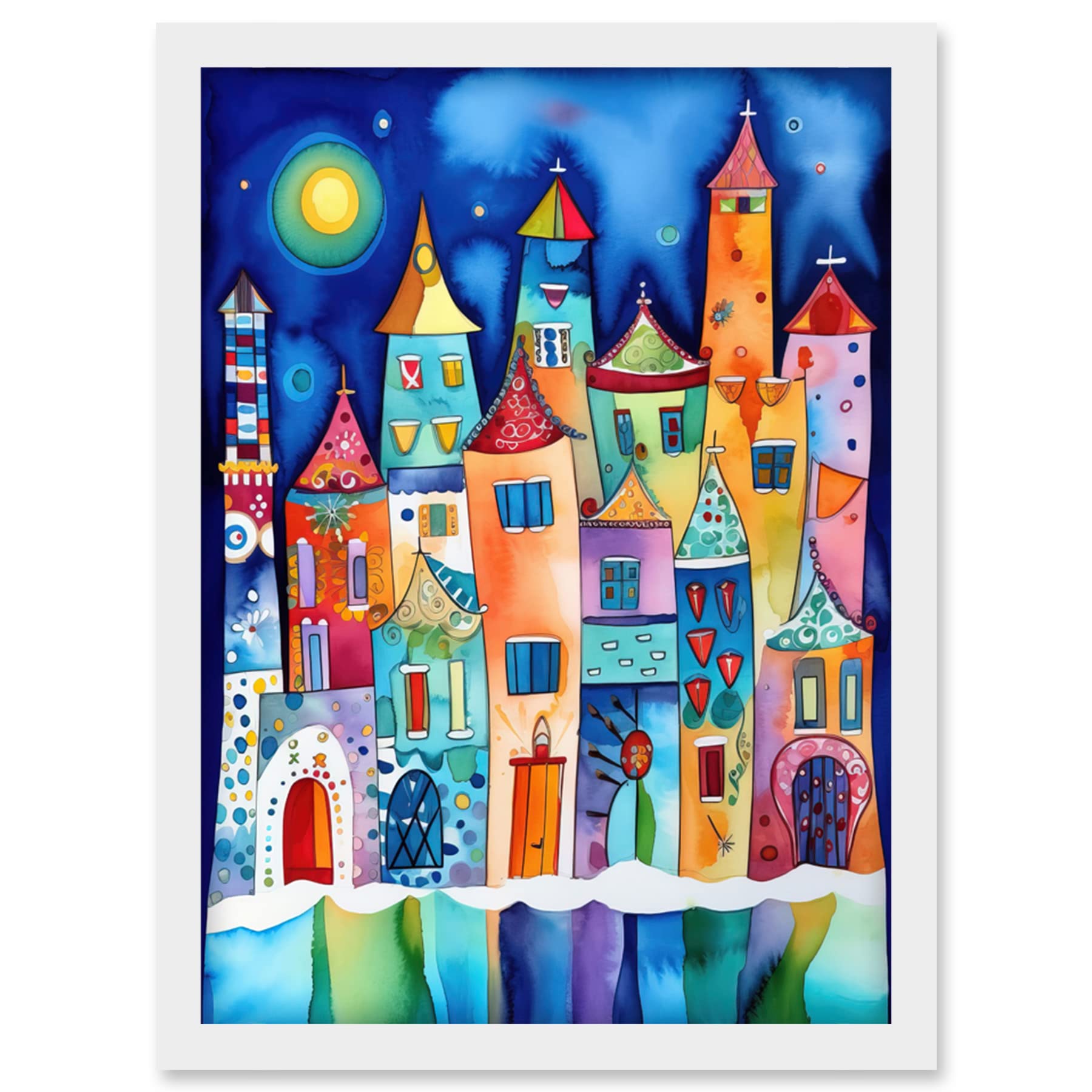 Artery8 Midnight Abstract Town Folk Art Artwork Framed Wall Art Print A4