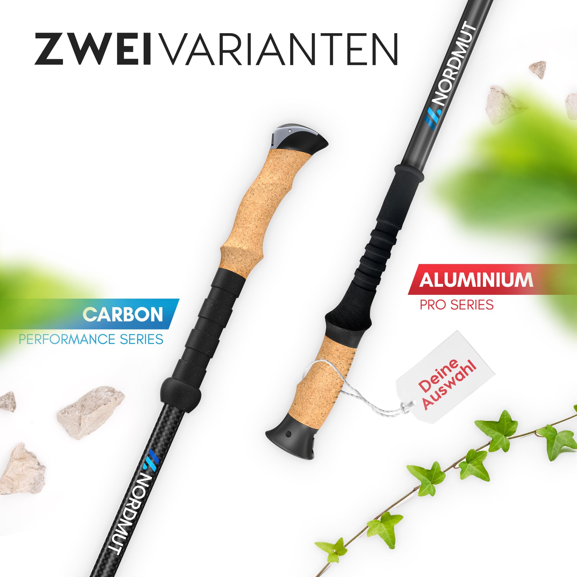 NORDMUT® Wanderstöcke Teleskop aus stabilen Aluminium oder Carbon - Leichte Nordic Walking Stöcke Damen und Herren - Komfortable Korkgriffe mit Eva-Schaum Verlängerung