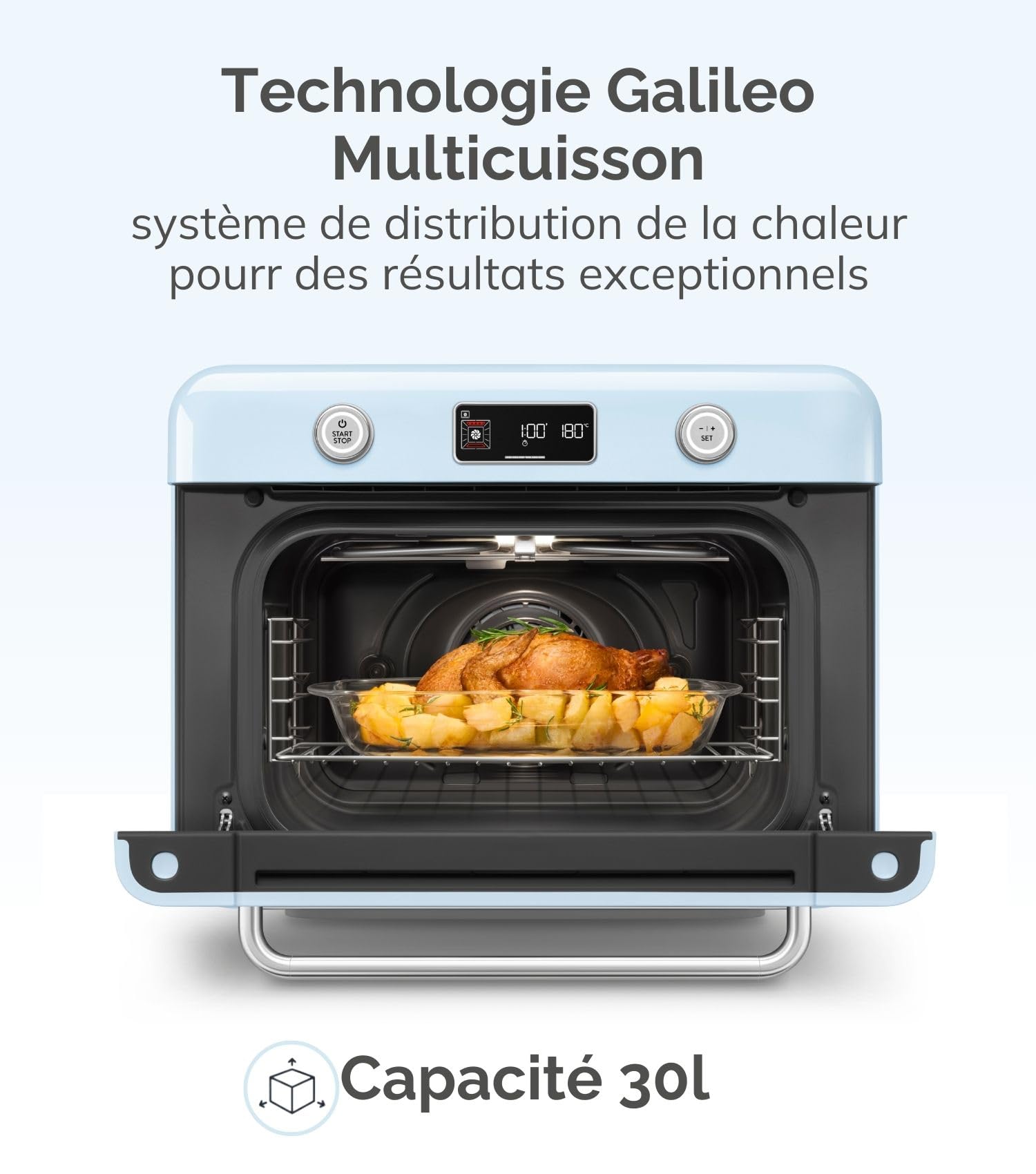 Smeg, Mini Four Combiné COF01PBEU, 10 Fonctions de Cuisson, 33 Recettes Automatiques, Réservoir Amovible, Cuisson à la Vapeur, Fonction de Détartrage, Puissance 1800W, Bleu Azur