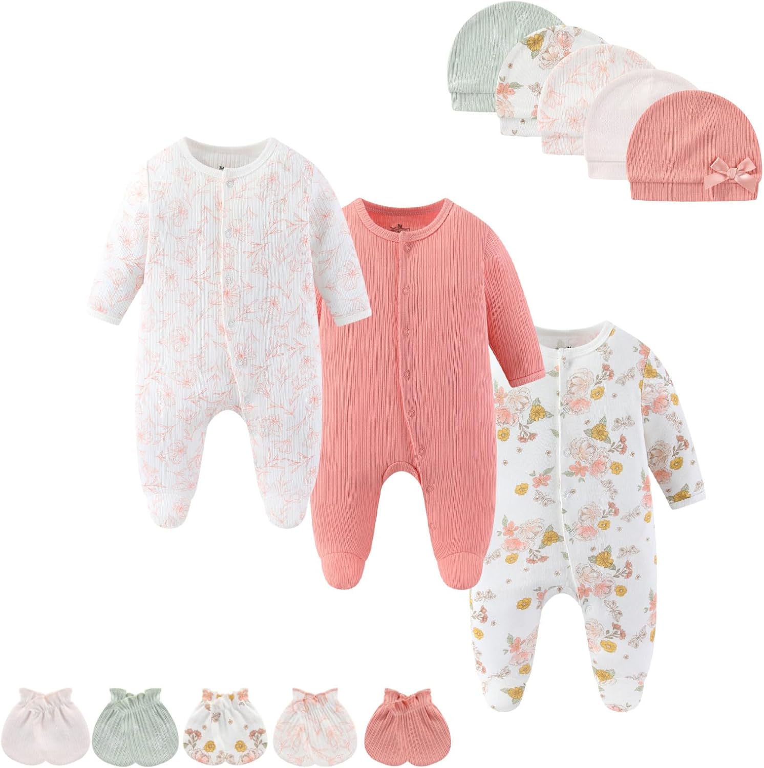 Baby Boy Girls Clothes 2-Way Zip Footed Long Sleeve 100% Cotton,Newborn Caps and Scratch Mittens Set 0-6 Months