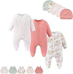 MAMIMAKA Baby Boy Girls Clothes 2-Way Zip Footed Long Sleeve Cotton Newborn Caps and Scratch Mittens Set