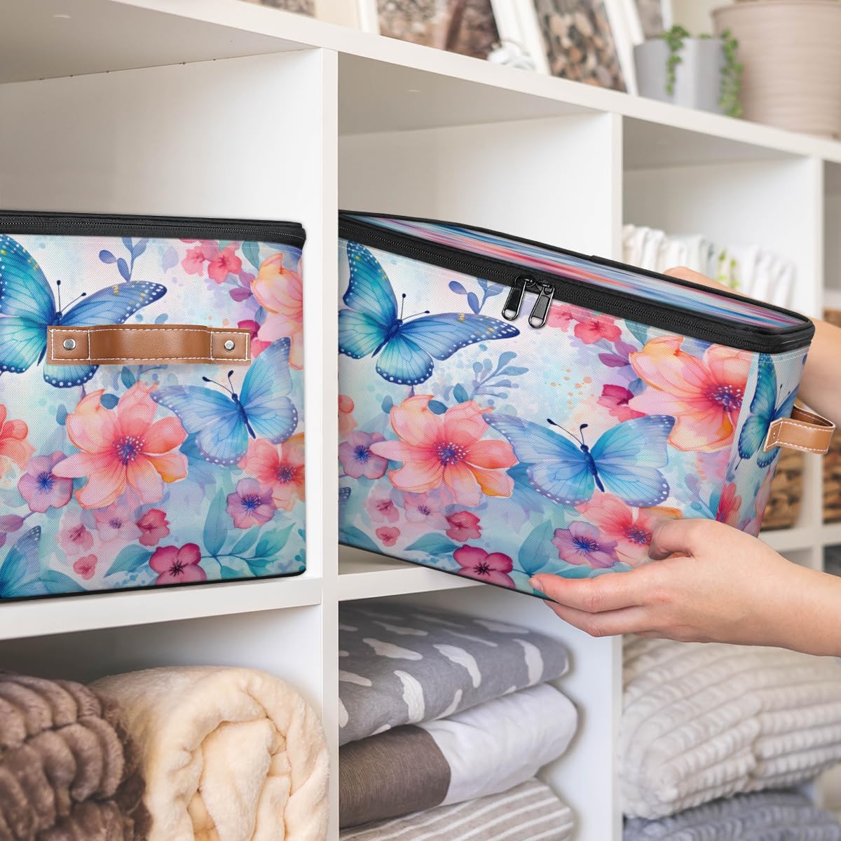 Storage Bin Set of 2 Flower Blue Butterfly Storage Basket with Zipper Lid & Handle Foldable Closet Shelf 2 Pack Cloth Organizer Basket Cube Bins Clothes Organizer for Nursery, Bedroom