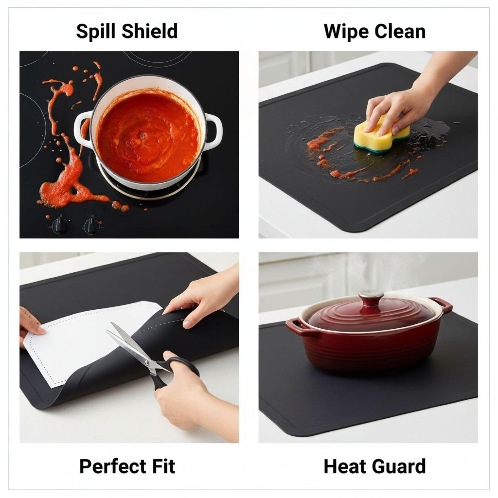 Tapis de cuisson en silicone pour plaque à induction, antidérapant, découpable, protège des rayures et de la chaleur, protège-plan de travail, 52 x 61 cm, 0,4 mm, noir