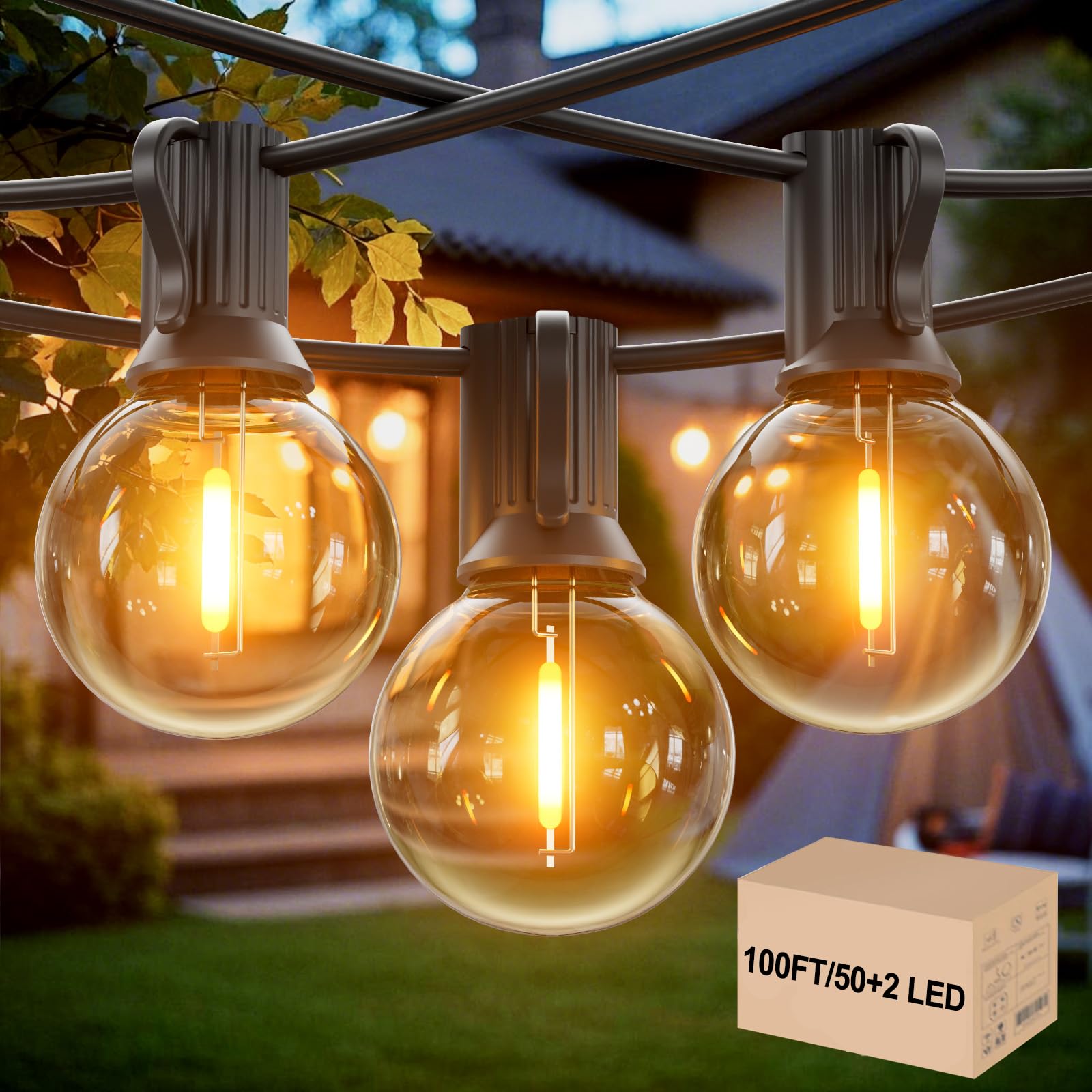 Outdoor String Lights 100FT,G40 50+2 Bulbs Festoon Lights Outdoor - 2700K Warm White, 25000H Long Life, IP45 Waterproof & Shatterproof, Mains Powered Garden Lights for Gazebo/Pergola
