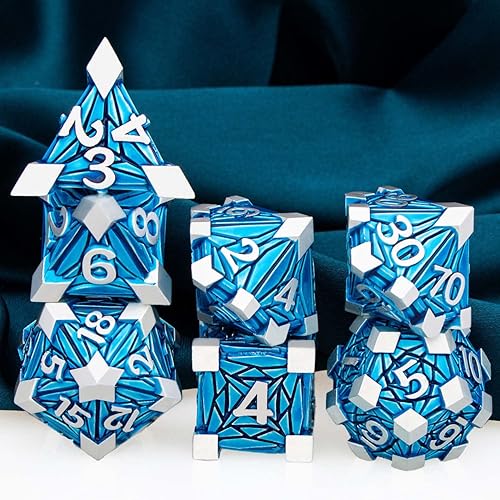 Miniatura 5 de ARUOHHA DND - Juego de dados de metal con caja de regalo, 7 dados poliédricos azul plateado, juego de rol RPG, hecho a mano, 6 caras, D y D, D20,