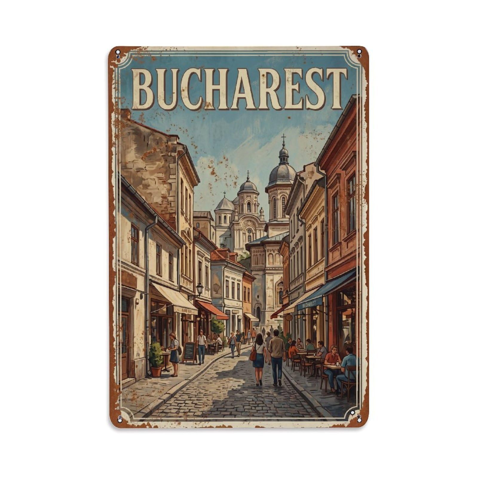 Vintage Travel Bucharest Old Town Historic Center Romania Metal Tin Sign Plaque Wall Decor for Cafe, Club Bar, Office, Home Garden Metal Poster 8x12Inch