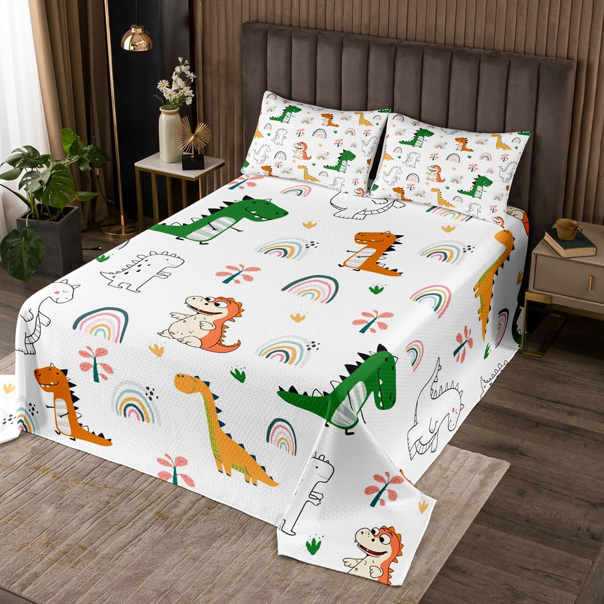 Homemissing Juego de colcha acolchada de dinosaurio para niños y niñas, diseño de arcoíris, impresión digital 3D, tamaño individual, decoración de dormitorio, dinosaurio, naranja, verde