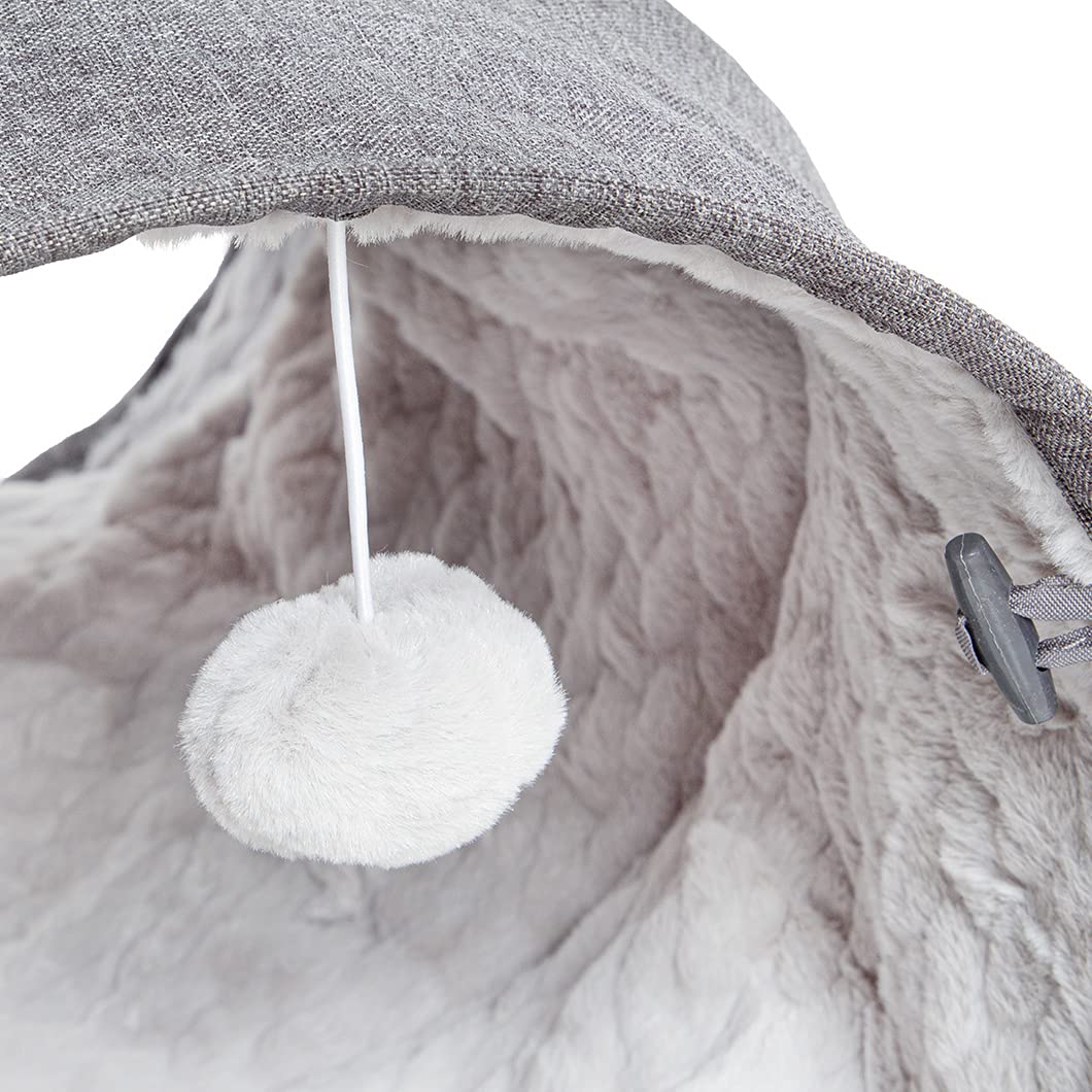 CanadianCat Company | Spieltunnel für Katzen mit Kuschelfell | grau | ca. 35 x 70 cm - Variable Form, integriertes Katzenspielzeug