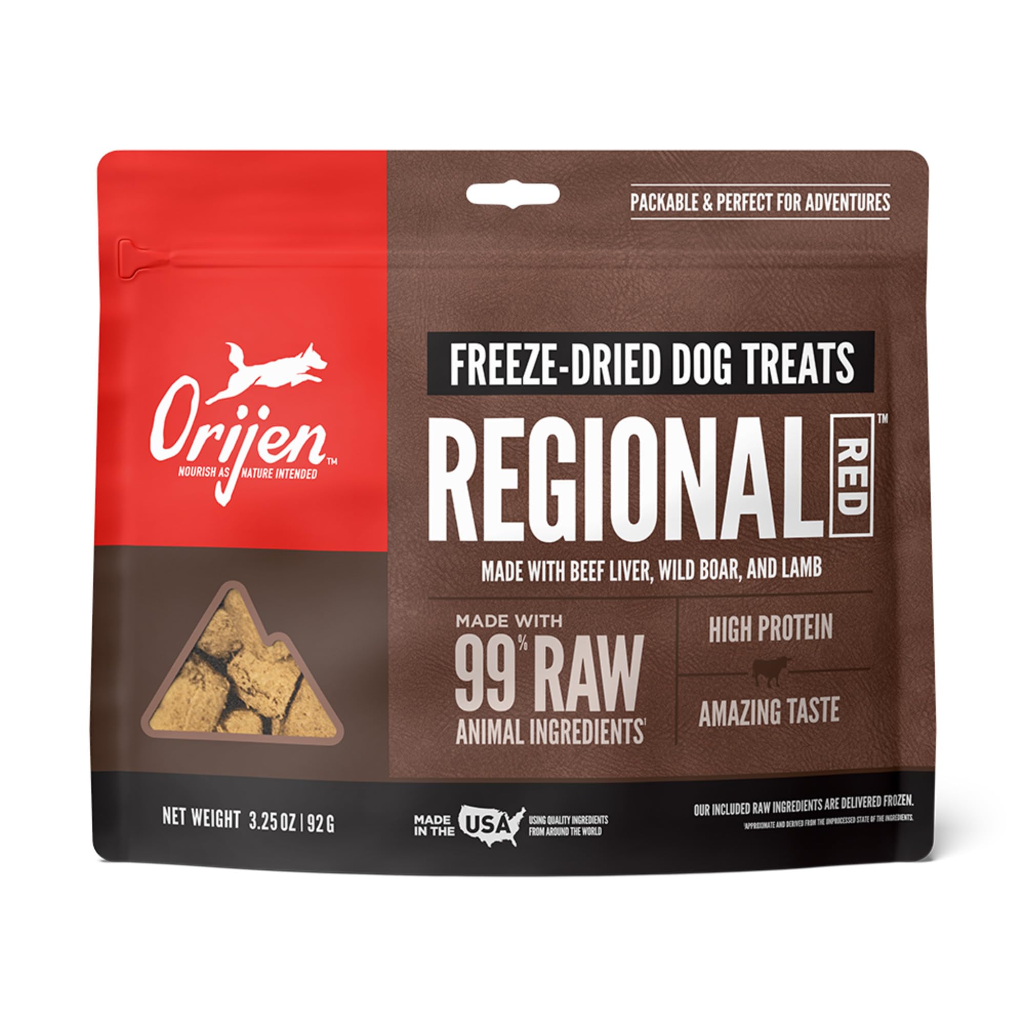 ORIJENGrain Free High Protein Freeze Dried Dog Treats Regional Red Recipe 3.25oz Bag