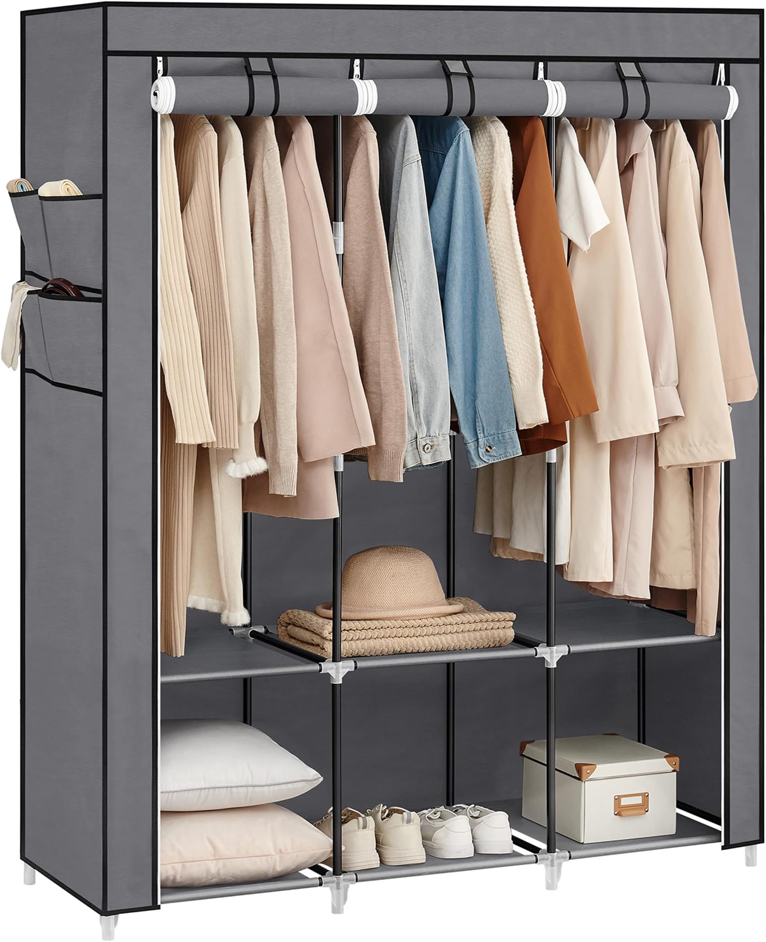 – SONGMICS Clothes Wardrobe, Portable Closet with Cover, 130 x 45 x 167 cm, 3 Hanging Rails, Shelves, 4 Side Pockets, Large Capacity for Bedroom, Living Room, Grey RYG092G02