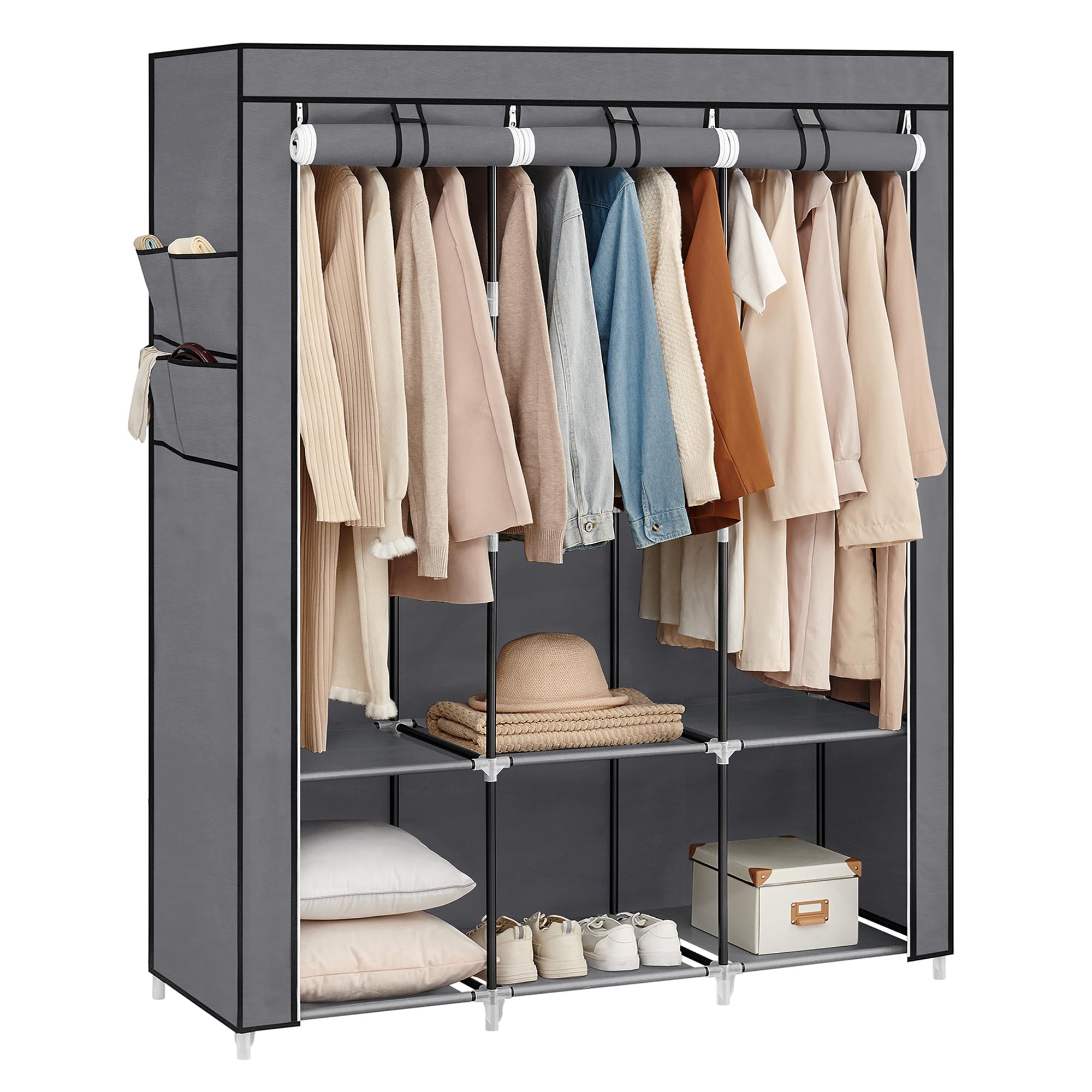 Armadio Portatile Neprock Con Ripiani E Aste Appendiabiti, Struttura In Acciaio, 116x30x157 Cm, Nero, Modulo Guardaroba