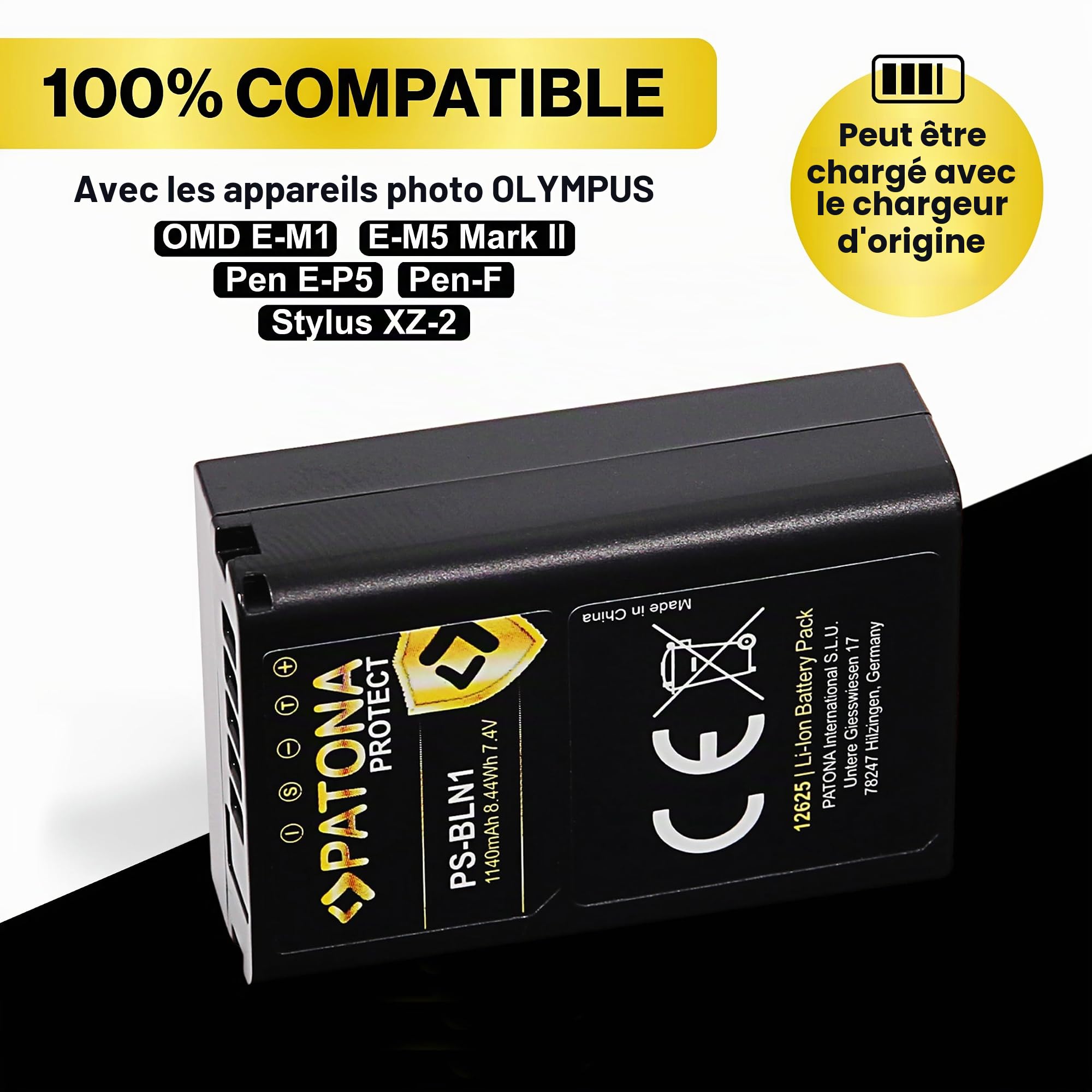 PATONA 2X Protect Batterie pour Olympus PS-BLN1 BLN-1 BLN1, 1140mAh 7.6V