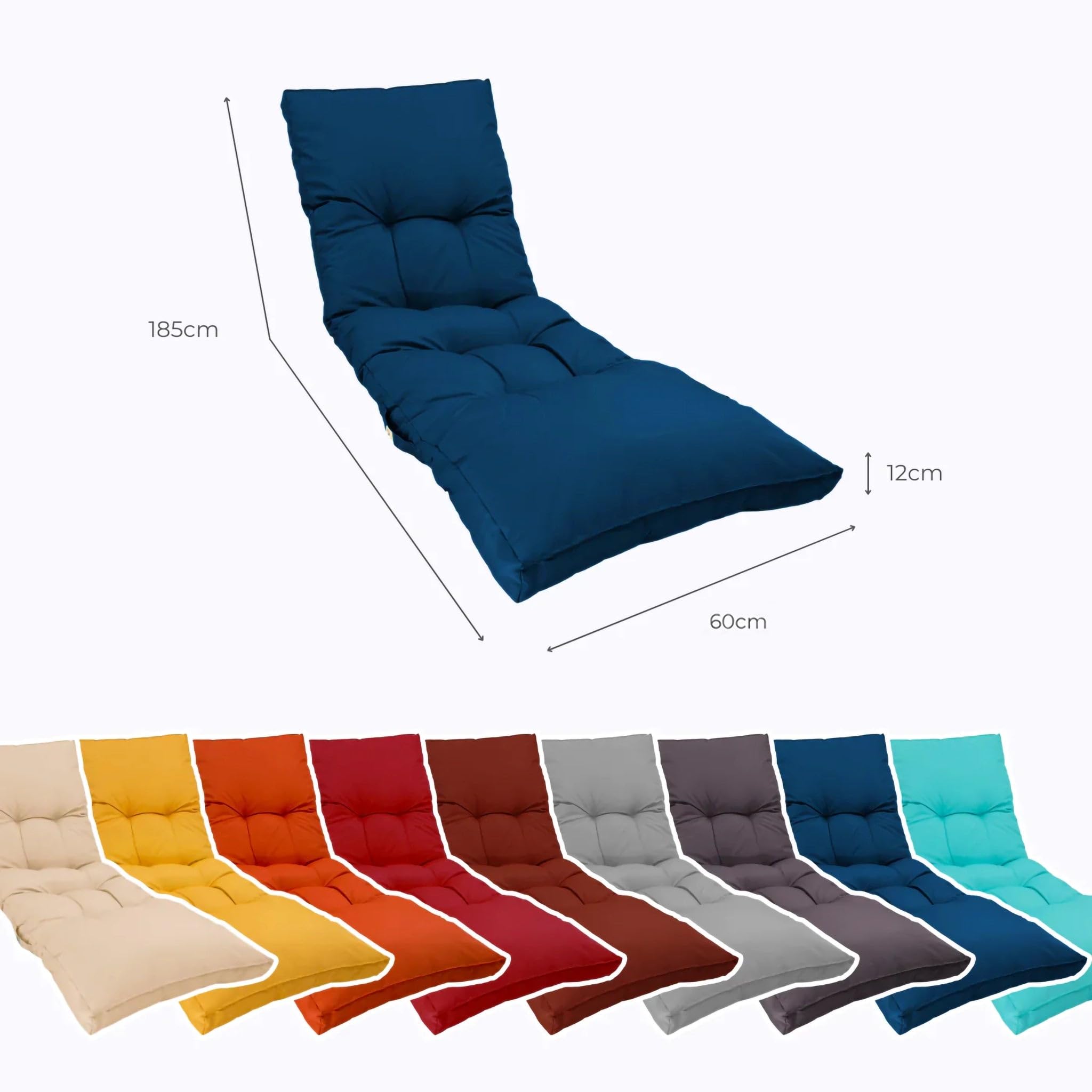 Coussin Bain de Soleil - Matelas pour transat - 185x55cm & épaisseur 12 cm - Déperlant et résistant aux UV - Bleu Pétrole - Déco Arts