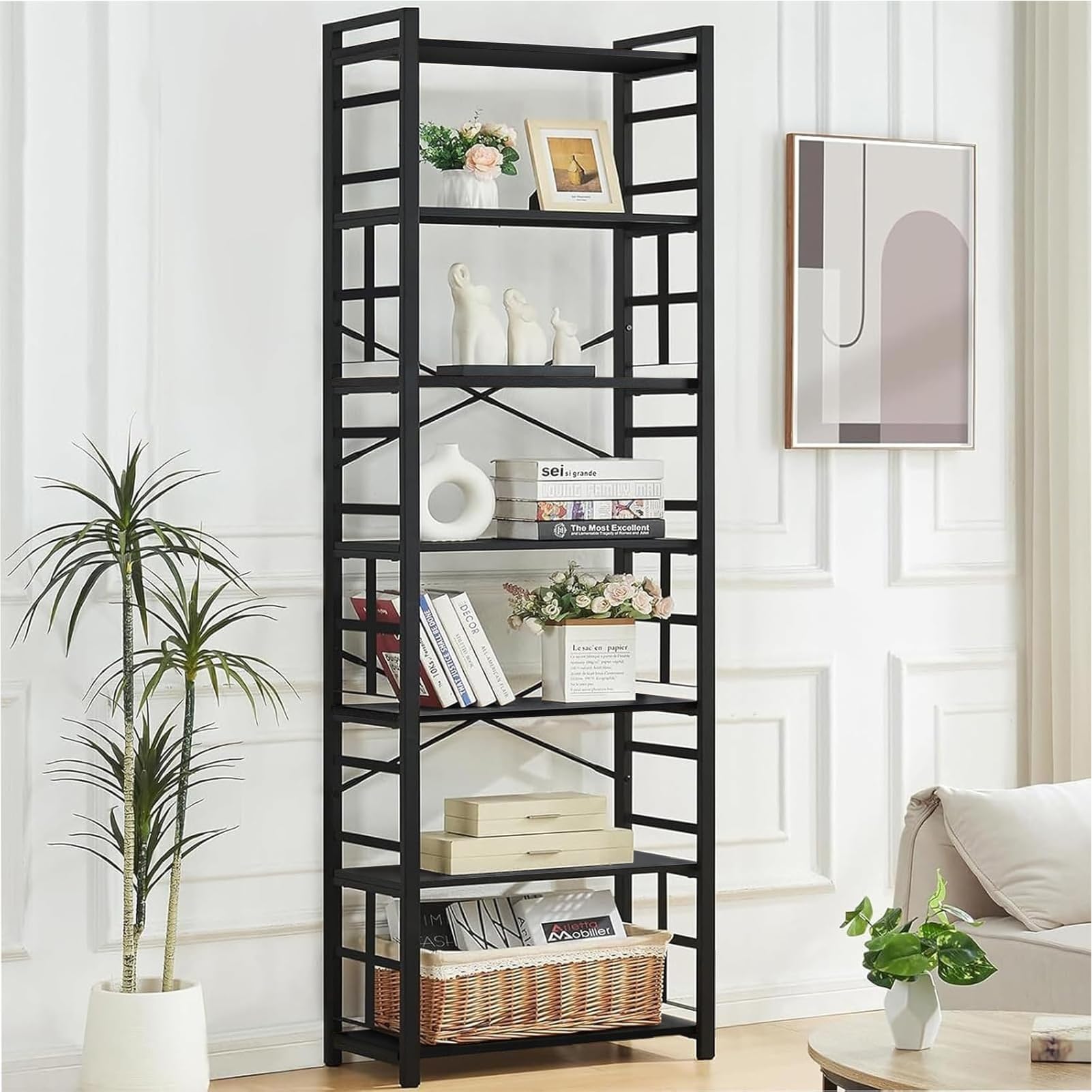 HOMBAZAAR Regał na książki 7-poziomowy, 213 cm, przemysłowy regał z metalową ramą i otwartymi półkami, rustykalny wytrzymały regał na książki do salonu i sypialni, czarny