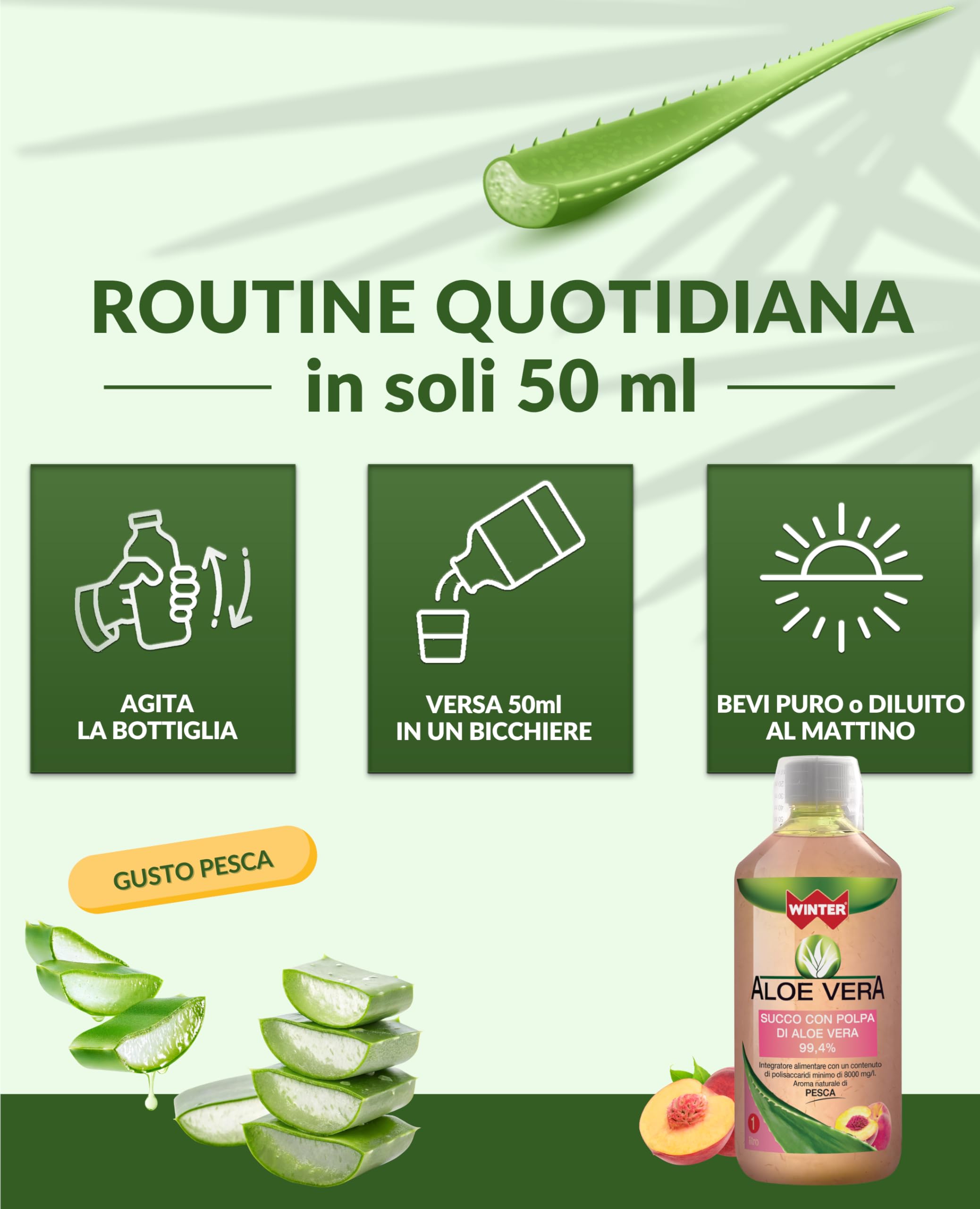 Aloe Vera da Bere 99,4% con Polpa Naturale al Gusto Pesca – Succo Senza Aloina, Made in Italy, 1000 ml – Integratore Depurativo e Digestivo, Fresco e Piacevole da Bere Ogni Giorno