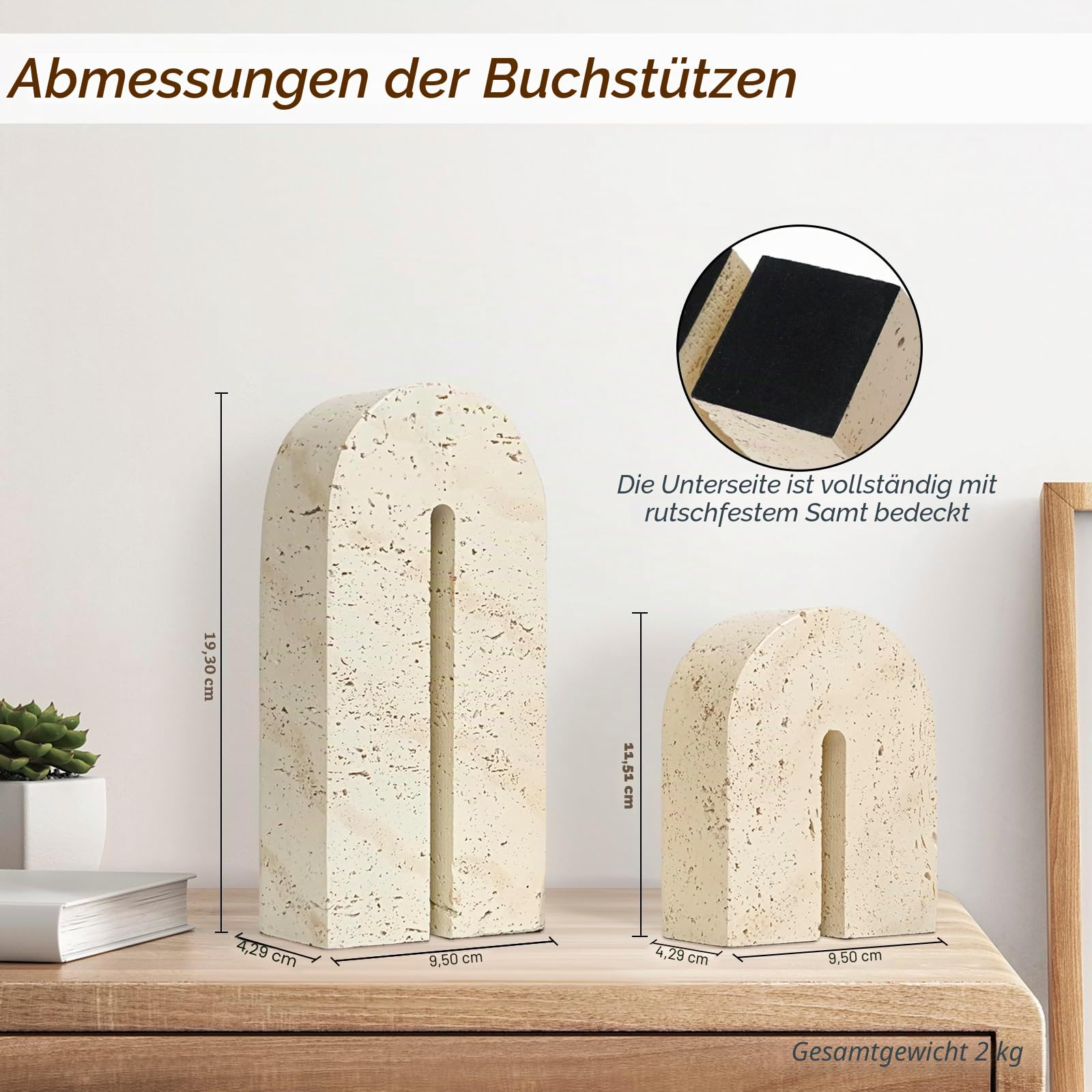 BOHDK Buchstützen für Regale, Harz-Dekorative Buchstützen, Retro-Bogen-Bücherhalter für schwere Bücher, Imitat-Travertin-Buchstopper für Wohndekor, Studium, Bücherregal, Desktop, 2er-Set