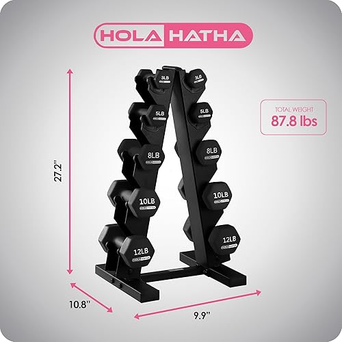 Miniatura 3 de HolaHatha - Juego de mancuernas de neopreno y estante para entrenamiento en casa, 76 lb, negro