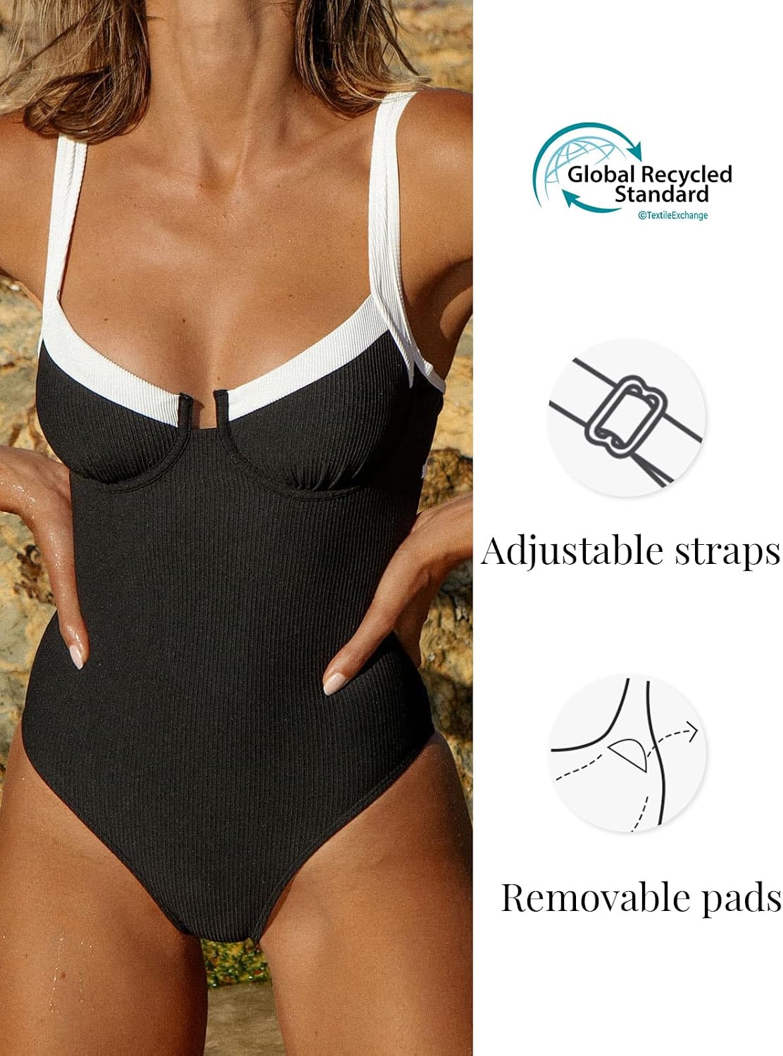 BERLOOK One Piece Swimsuit Women Tummy Control Ribbed Retro Bathing Suits Contrast Trim Knotted Sexy Slimming Swimwear
