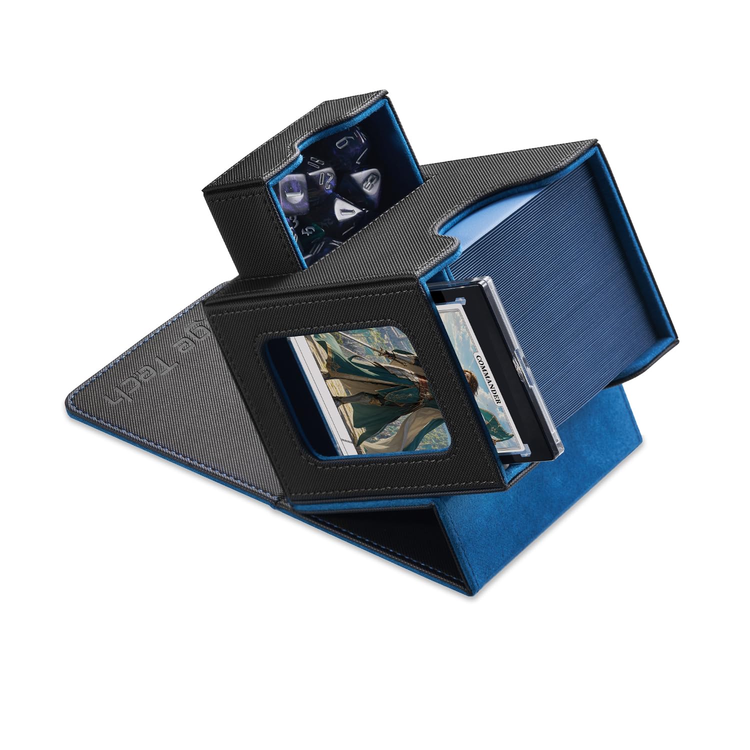 Mage Tech Card Deck Box for MTG Commander - Patented Design, Commander Display, Fits 100 Double-Sleeved Cards, 35pt Card Brick & Dice Tray