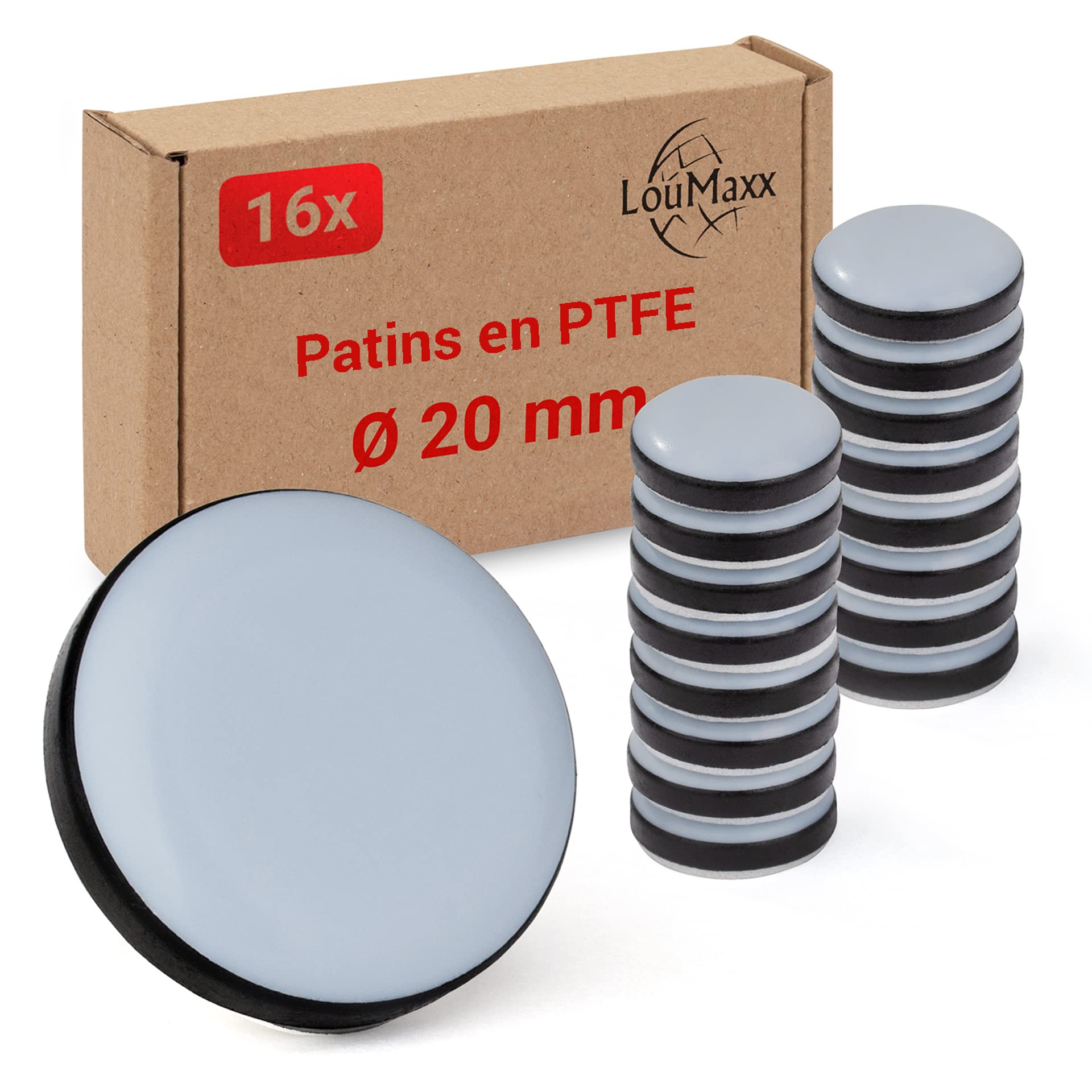 LouMaxx Patins En Téflon Autocollants – Patins De Meubles 20 Mm - Patins De Chaise En PTFE Hautement Antidérapant - Patins De Haute Qualité Pour Chaises, Meubles Et Pour Thermomix- 16 Patins