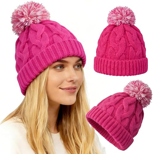 WDAIYEK Slouchy Chunky Knit Beanie with Pom Pom - Cozy Winter Bobble Hat for Women and Men Hot Pink