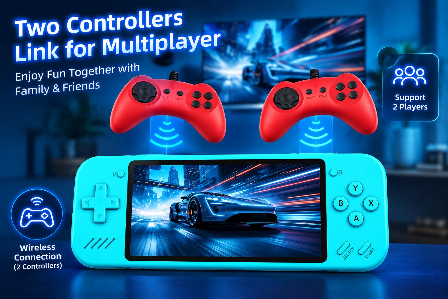 Q35 Console de jeu portable Open Source, écran HD de 3,5", stockage 64 Go, batterie rechargeable 4000 mAh, support de contrôleur, console de jeu portable pour adolescents et adultes, bleu